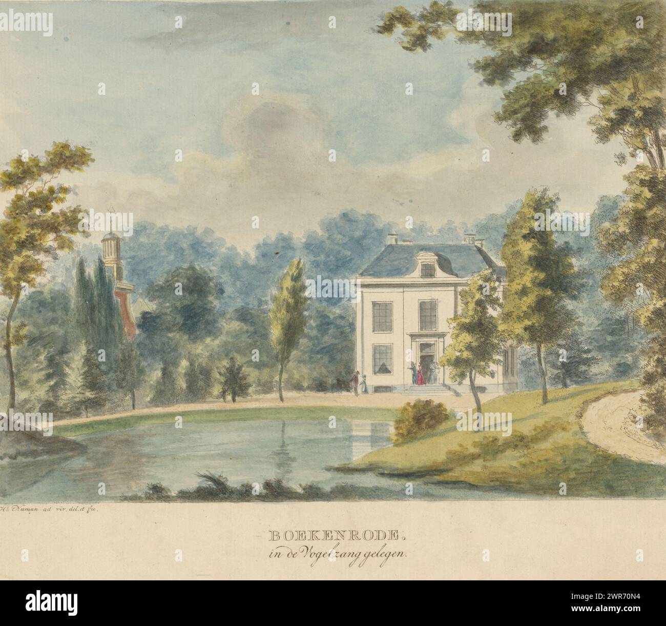 Boekenrode country estate, Boekenrode located in the Vogelzang (title on object), View of the Boekenrode country house in Aerdenhout. The country house is located in a landscape park by a pond., print maker: Hermanus Numan, after drawing by: Hermanus Numan, Netherlands, 1790 - 1797, paper, etching, height 226 mm × width 266 mm, print Stock Photo