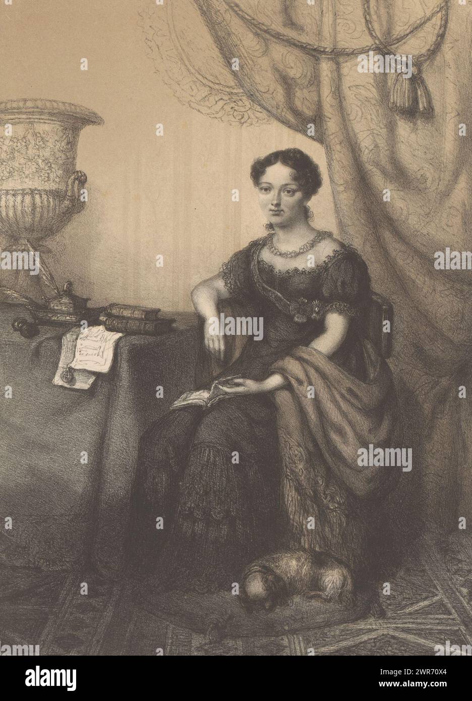 Portrait of Catherine Paulowna of Russia, The sitter sits at a table with a large vase, books, paper and writing utensils on it. A little dog sleeps at her feet. She has a book in her lap., print maker: Johannes Christiaan d'Arnaud Gerkens, after own design by: Johannes Christiaan d'Arnaud Gerkens, printer: Koninklijke Nederlandse Steendrukkerij van C.W. Mieling, The Hague, 1847 - c. 1863, paper, height 292 mm × width 235 mm, print Stock Photo