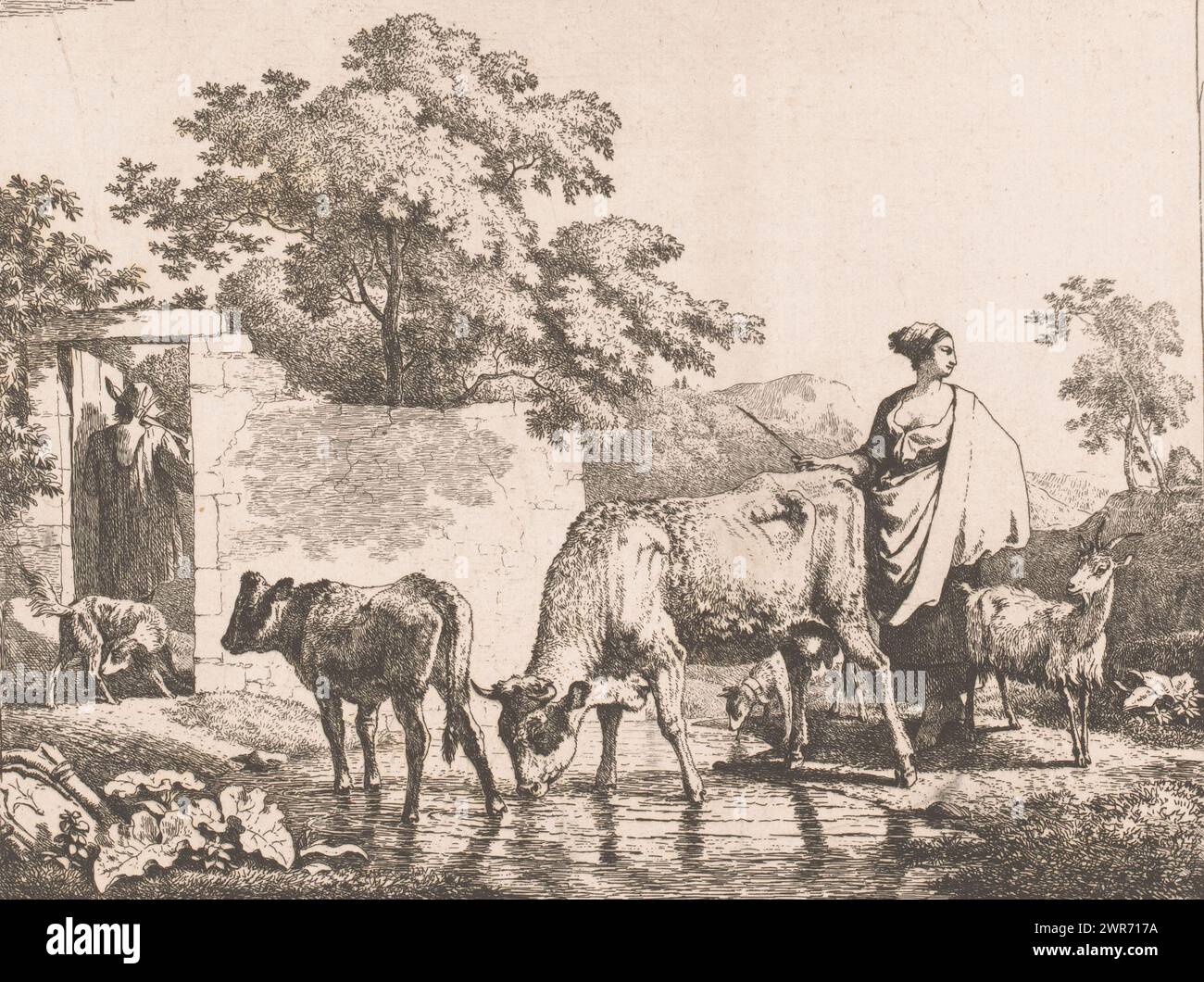 Landscape with cattle and shepherds, print maker: Jean Louis Demarne, (attributed to), 1762 - 1829, paper, etching, height 209 mm × width 264 mm, print Stock Photo