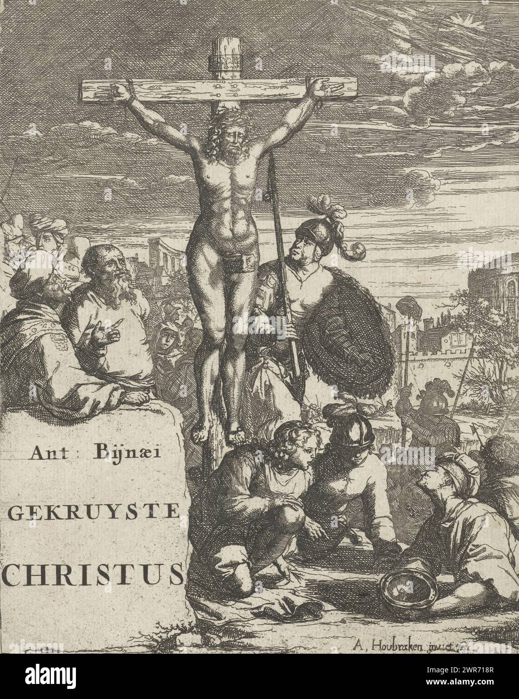 Christ on the cross, Title page for: A. Bynaeus, Crucified Christ, 1683, Christ on the cross. In the foreground three soldiers playing dice, next to the cross a warrior with the shield on his left arm and a spear in his right hand. Title page of the first edition of Antonius Baynaeus's Crucified Christ, in 1683., print maker: Arnold Houbraken, after own design by: Arnold Houbraken, publisher: weduwe Jasper Goris, Dordrecht, 1681 - 1683, paper, etching, height 170 mm × width 138 mm, print Stock Photo