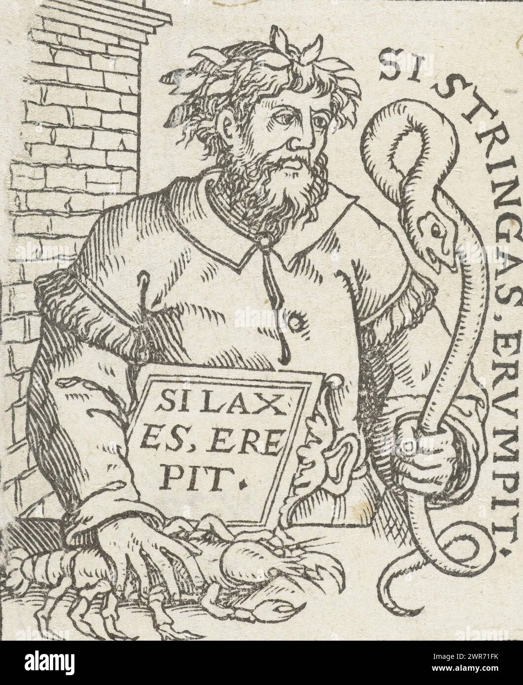 Man with a snake and a lobster, Man with a laurel wreath on his head, a snake in the left hand and a lobster in the right. next to the snake is the inscription: si stringas crvmpit. There is a tableau after the lobster with the inscription: si lax es, ere pit. Possibly the printer's vignette of Diestenus., print maker: anonymous, print maker: Hans Burgkmair (der Jungere), (rejected attribution), Germany, 1500 - 1520, paper, height 71 mm × width 60 mm, print Stock Photo