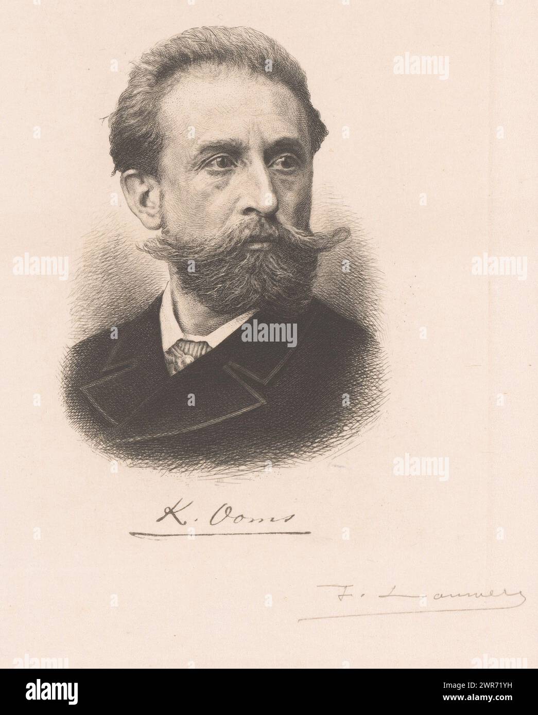 Portrait of Karel Ooms, K. Ooms (title on object), print maker: Frans Lauwers, (signed by artist), 1864 - 1889, paper, etching, drypoint, height 242 mm × width 178 mm, print Stock Photo