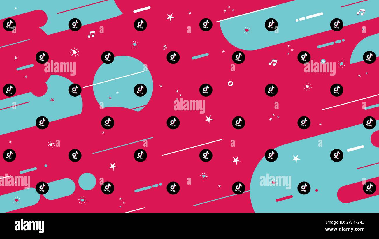 Tik Tok background banner with emojis. Pattern TikTok logo with a modern design of colored stripes on a colorful cyan and magenta background. Stock Vector