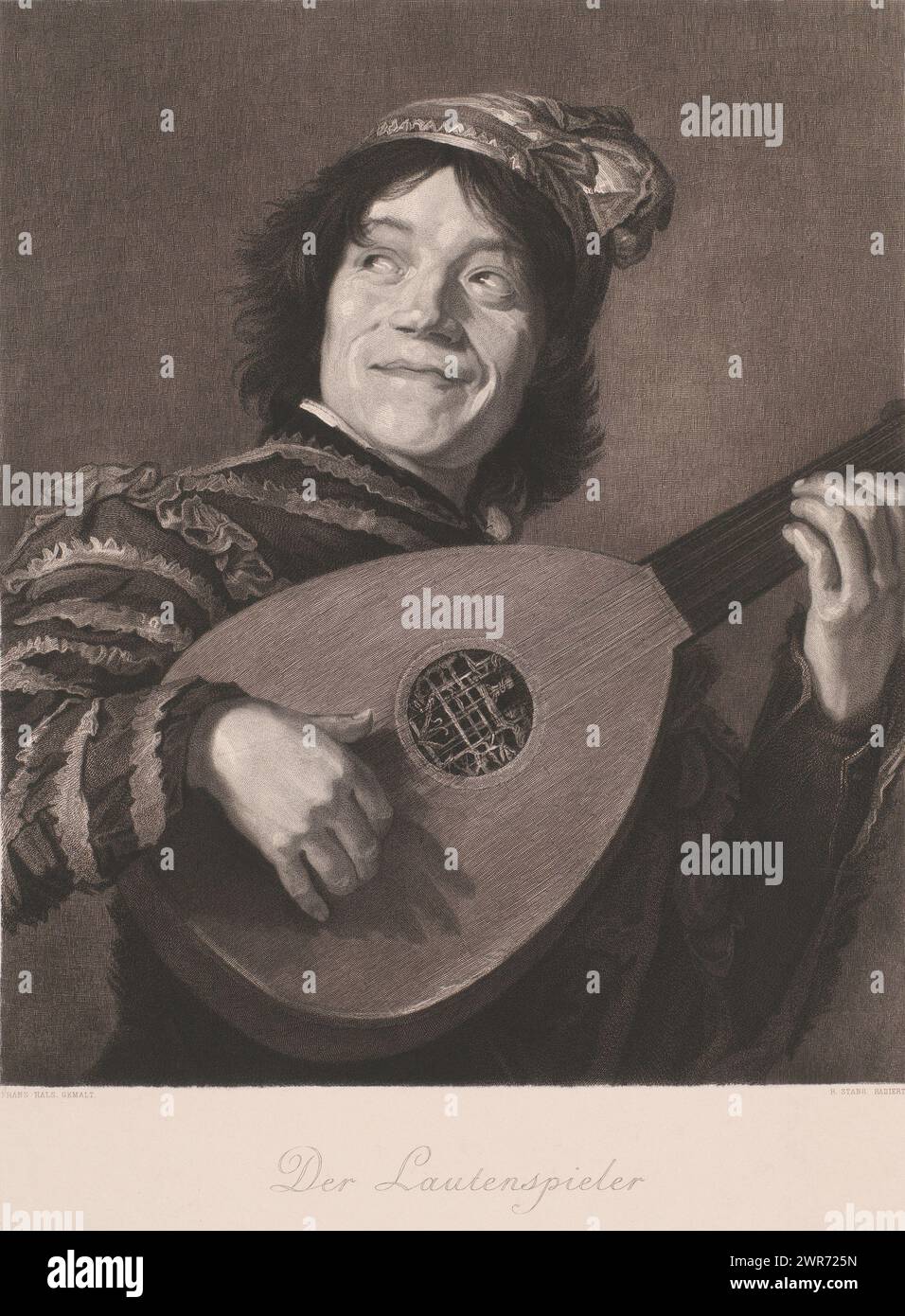 Lute player, Der Lautenspieler (title on object), print maker: Rudolf Stang, after painting by: Frans Hals, publisher: Stiefbold & Co., publisher: Berlin, printer: Haarlem, 1841 - 1891, paper, etching, height 478 mm × width 392 mm, print Stock Photo