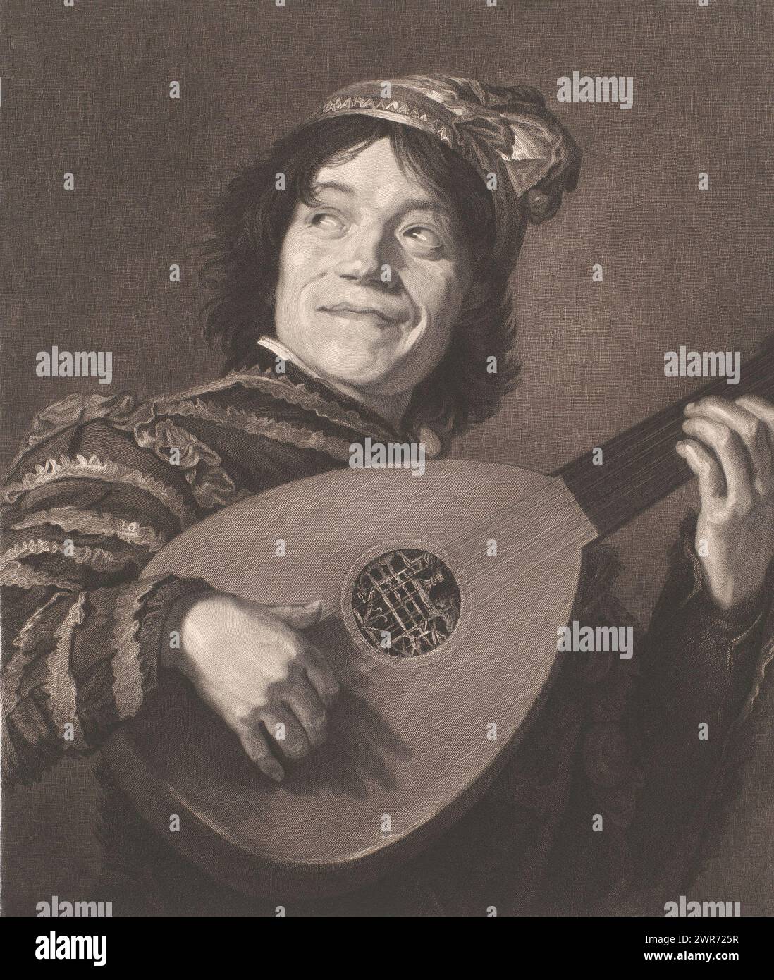 Lute player, with a man's head in the right margin., print maker: Rudolf Stang, after painting by: Frans Hals, 1841 - 1891, paper, etching, height 471 mm × width 398 mm, print Stock Photo