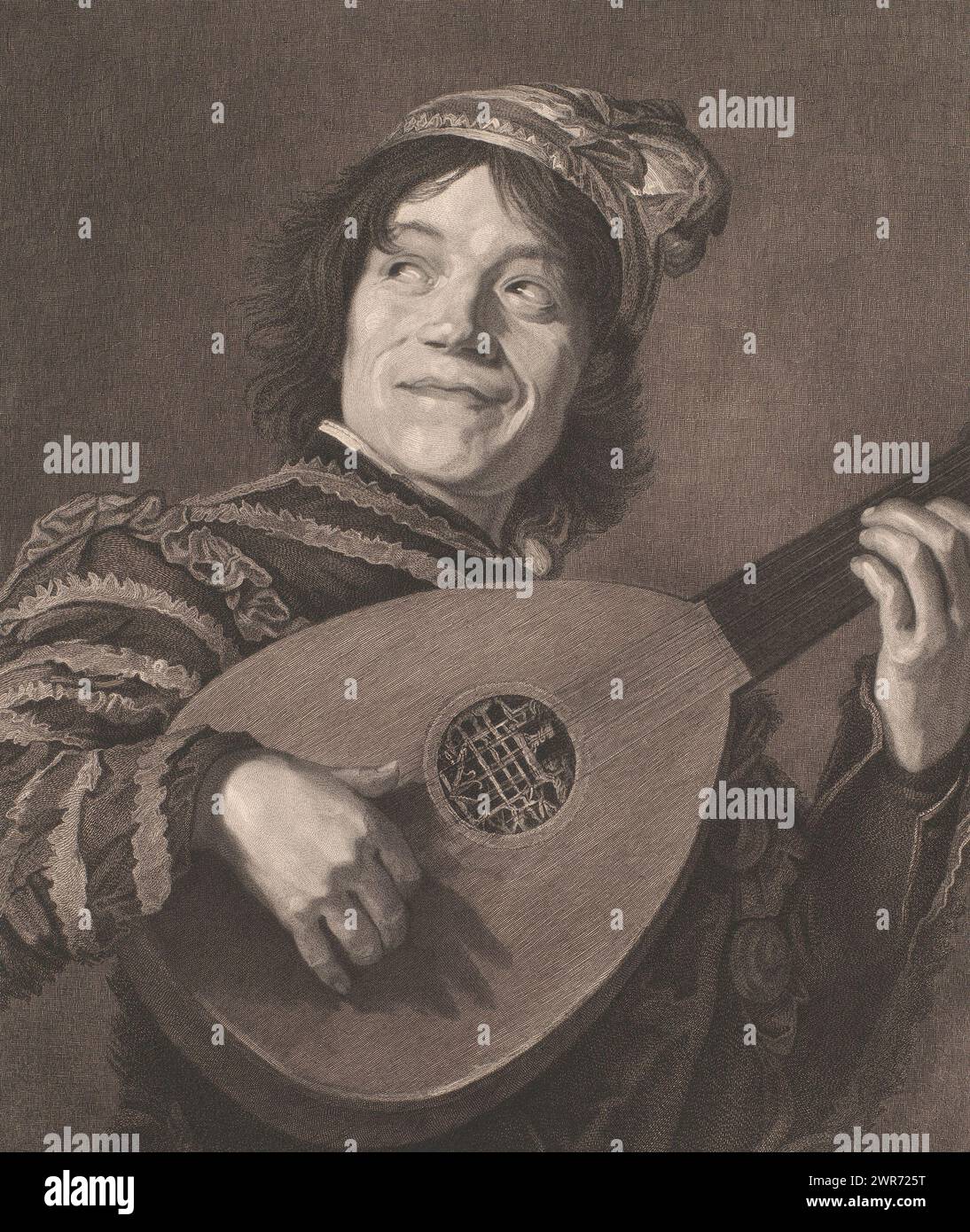 Lute player, print maker: Rudolf Stang, after painting by: Frans Hals, 1841 - 1891, paper, etching, height 475 mm × width 393 mm, print Stock Photo