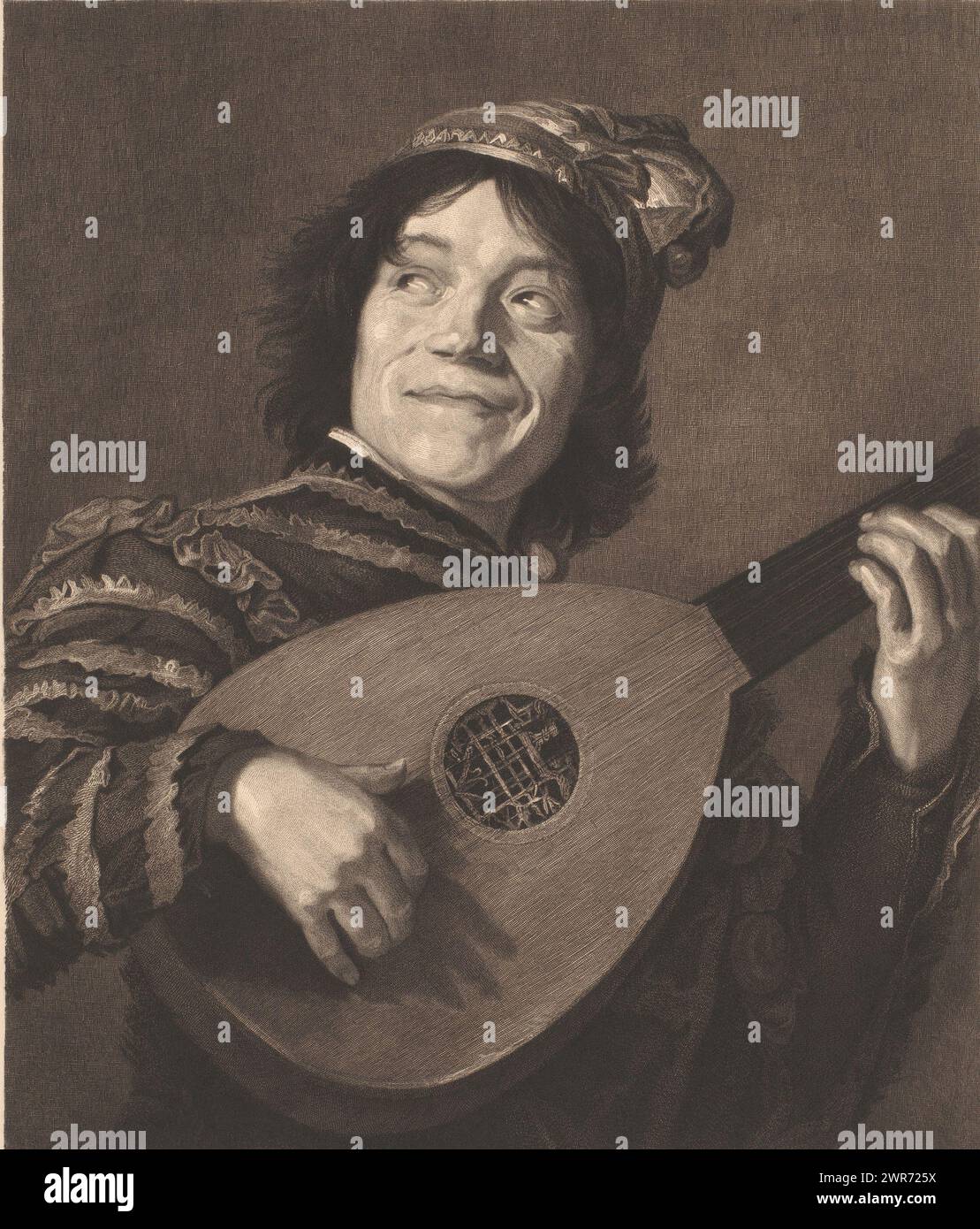 Lute player, with a man's head in the right margin., print maker: Rudolf Stang, after painting by: Frans Hals, 1841 - 1891, paper, etching, height 474 mm × width 391 mm, print Stock Photo