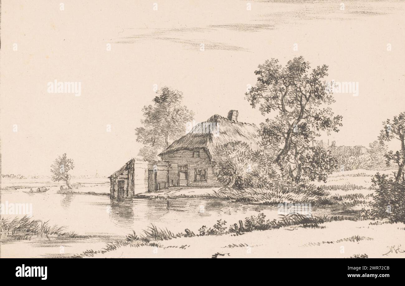 Farmhouse on the water, there is another farm in the background on the right., print maker: Hermanus Koekkoek (I), Netherlands, 1825 - 1882, paper, height 270 mm × width 380 mm, print Stock Photo