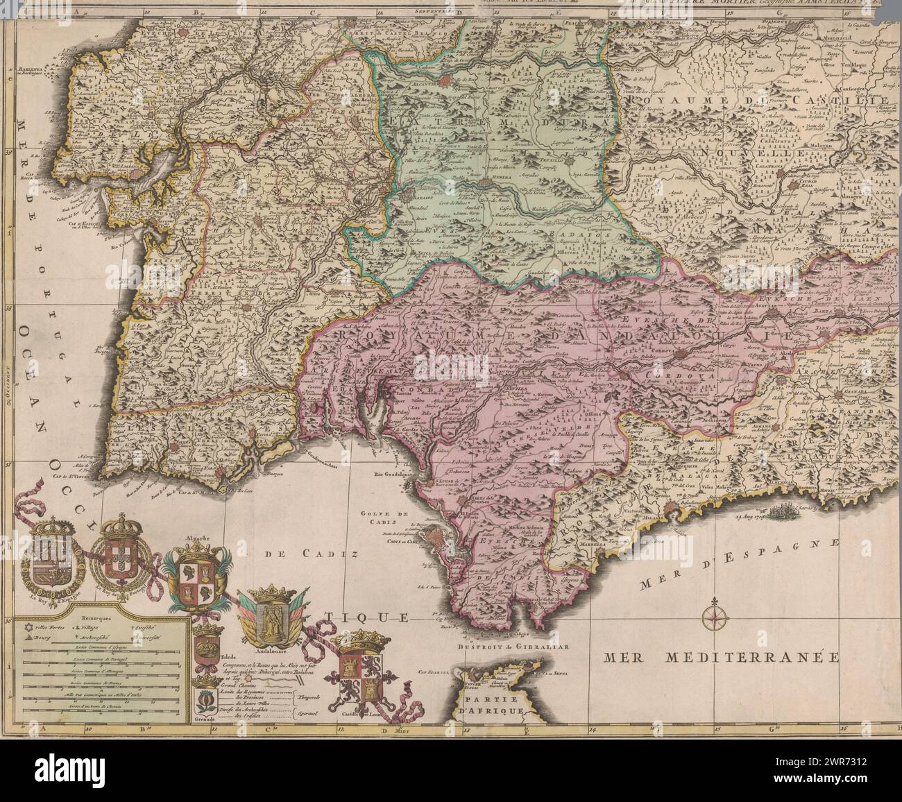 Map of the south of Spain and Portugal, Map showing part of Portugal and the Spanish south coast. Part (bottom left sheet) of a large map of Spain and Portugal in four sheets, ca. 1703. Bottom left the legend and the coats of arms of Spain and Portugal, connected to the coats of arms of the Algarve (under which the city coats of Toledo and Grenada hang), Andalusia and Castile and León., print maker: Jan Luyken, print maker: Caspar Luyken, publisher: Pieter Mortier (I), Amsterdam, 1704 - 1710, paper, etching, engraving, height 512 mm × width 605 mm Stock Photo