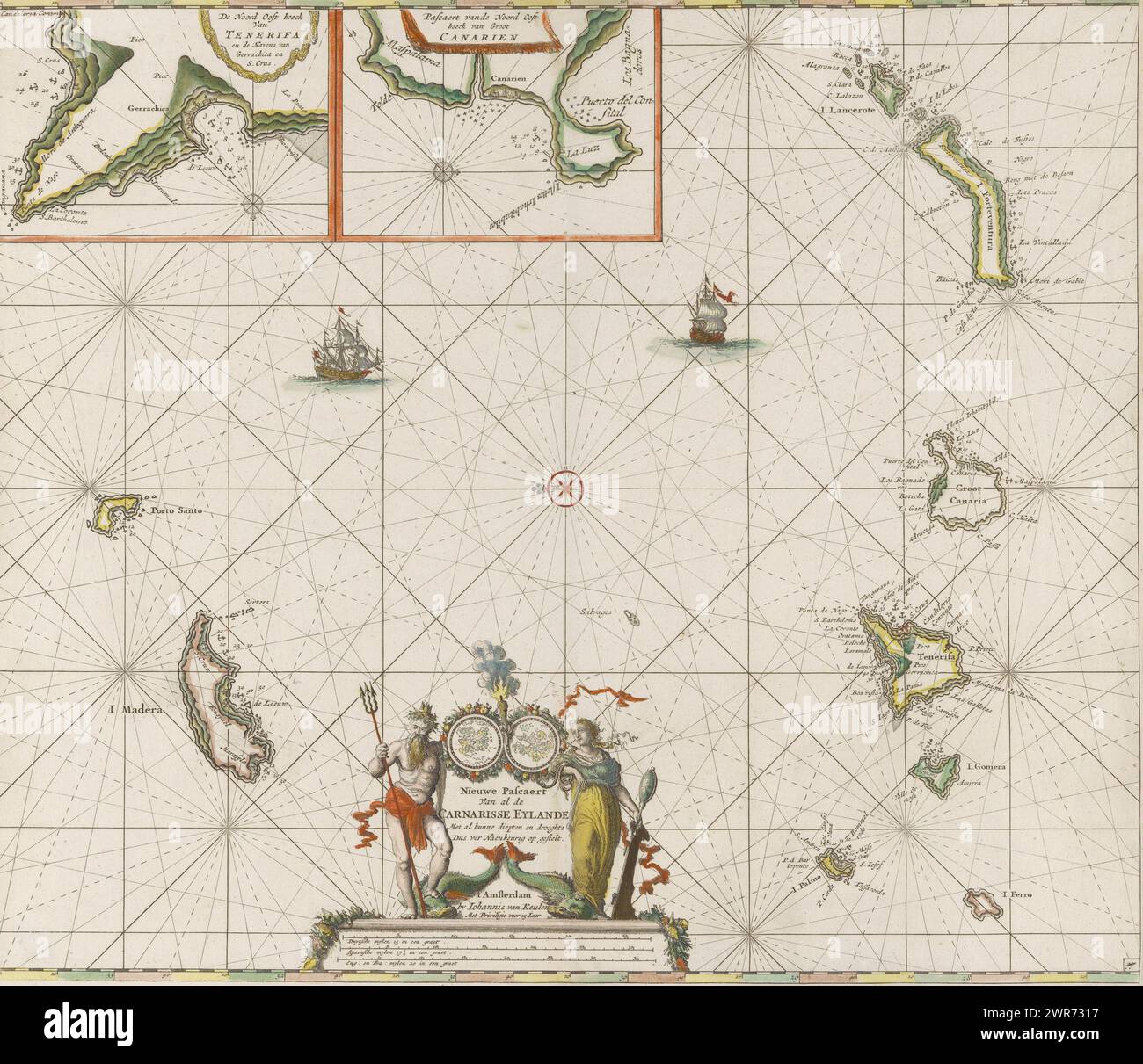 Pass map of the Canary Islands, New Pascaert van al de Carnarisse Eylande (title on object), Nautical chart of the Canary Islands. With a compass rose, North is on the left. Above detailed maps of parts of the coast of Tenerife and Gran Canaria. At the bottom of the title, flanked by Triton and the personification of Caution. Under the title the scale in German, Spanish and English or French miles., print maker: Jan Luyken, publisher: Johannes van Keulen (I), unknown, Amsterdam, c. 1680, paper, etching, brush, height 512 mm × width 597 mm Stock Photo