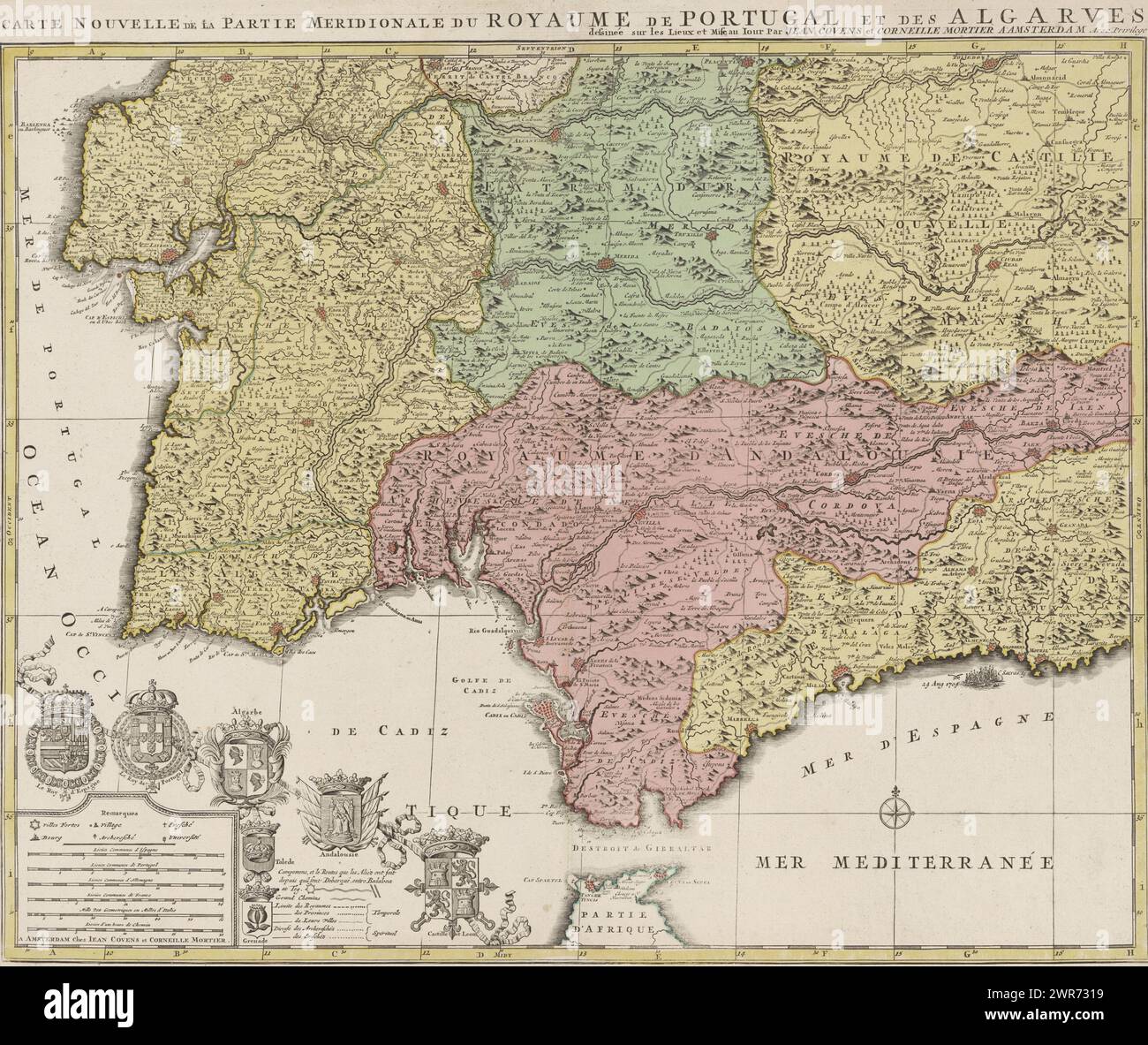 Map of the south of Spain and Portugal, Map showing part of Portugal and the Spanish south coast. Part (bottom left sheet) of a large map of Spain and Portugal in four sheets, ca. 1703. Bottom left the legend and the coats of arms of Spain and Portugal, connected to the coats of arms of the Algarve (under which the city coats of Toledo and Grenada hang), Andalusia and Castile and León., print maker: Jan Luyken, (possibly), print maker: Caspar Luyken, (possibly), publisher: Covens & Mortier, Amsterdam, 1720 - 1772, paper, engraving, etching, height 503 mm × width 600 mm Stock Photo