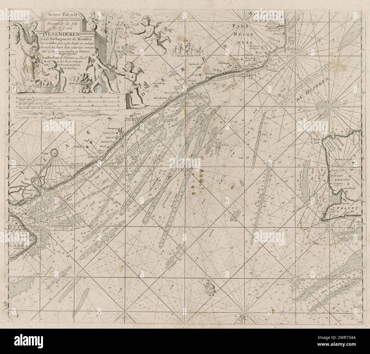 Pass map of the northern access to the Channel with the coasts of Flanders, France and England, Nieuwe Pascaert Containing in itself the Coast of Flanders from the Wielingen to the Hoofden, where it can also be seen its depth and shallowness as well as how it extends from the sea (title on object), Pass map of the northern entrance to the Channel with the coasts of Flanders, France and England, with a compass rose, the North is at the bottom. Top left a cartouche with the title, the address of the publisher and the scale, shown in German, Spanish and English or French miles (scale: c. 1:270 Stock Photo