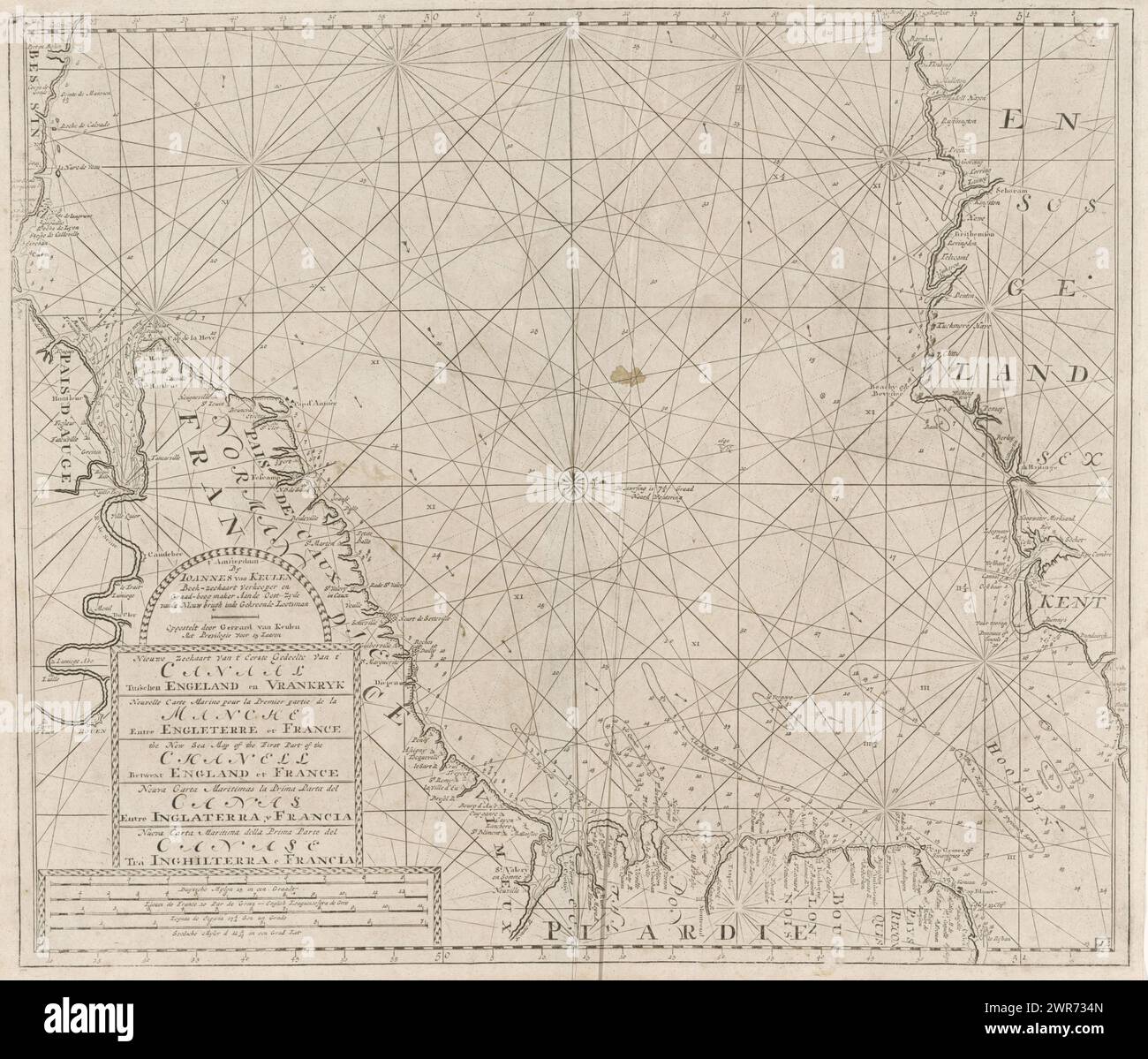 Passage map of the Channel between England and France, part 1, New Nautical Chart of the First Part of the Canal Between England and France (title on object), Passage map of a part of the Channel, the strait between Great Britain and France, with a compass rose. Bottom left a cartouche with the title, the address of the publisher and the scale., print maker: anonymous, after design by: Gerard van Keulen, publisher: Johannes van Keulen (I), Amsterdam, 1688 - 1803, paper, engraving, etching, height 528 mm × width 615 mm, print Stock Photo