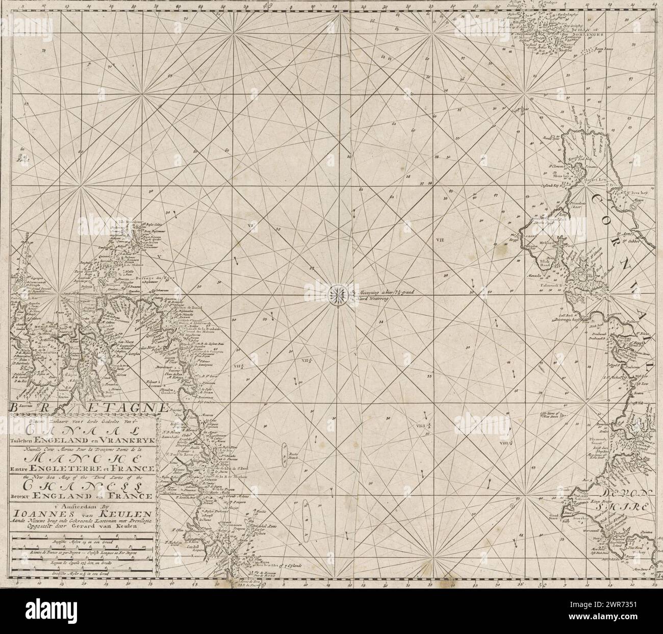 Pass map of the Channel between England and France, part 3, New Nautical Chart of the third Part of the Canal Between England and France (title on object), Pass map of a part of the Channel, the strait between Great Britain and France, with a compass rose. Bottom left a cartouche with the title, the address of the publisher and the scale., print maker: anonymous, after design by: Gerard van Keulen, publisher: Johannes van Keulen (I), Amsterdam, 1688 - 1803, paper, engraving, etching, height 523 mm × width 615 mm, print Stock Photo