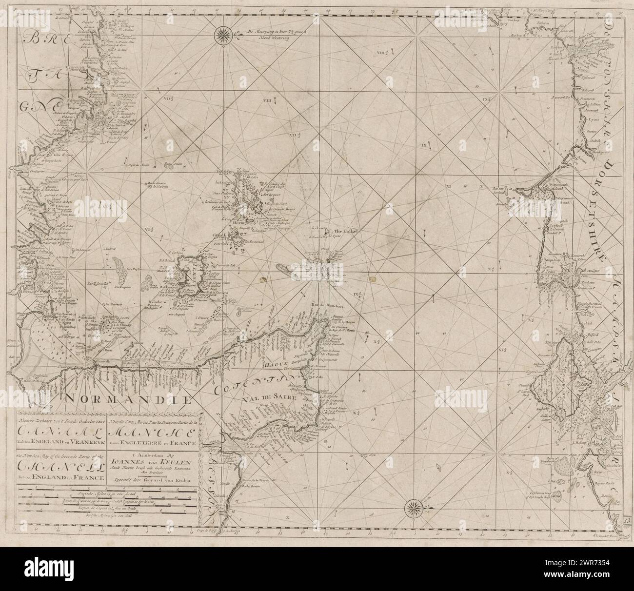 Pass map of the Channel between England and France, part 2, New Nautical Chart of the Second Part of the Canal Between England and France (title on object), Pass map of a part of the Channel, the strait between Great Britain and France, with two compass roses. Bottom left a cartouche with the title, the address of the publisher and the scale., print maker: anonymous, after design by: Gerard van Keulen, publisher: Johannes van Keulen (I), Amsterdam, 1688 - 1803, paper, engraving, etching, height 523 mm × width 620 mm, print Stock Photo