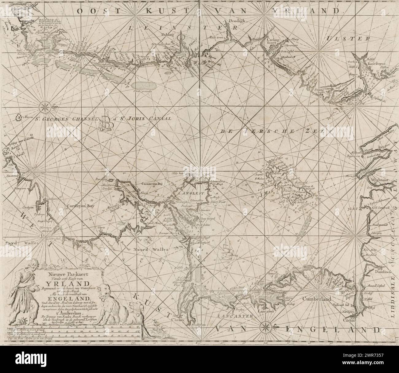 Pass map of part of the Irish Sea and the St. George's Canal, Nieuwe Pas-kaert From the east coast of Ireland Starting from the corner of Waterfoort to the Mards As well as the west coast of England From S. David to Moul of Galoway with all syn depth and dreary, therefore drawn up with great precision and never brought into the light for these animals (title on object), Pass map of a part of the Irish Sea, between Ireland and Great Britain, and the St. George's Canal, with two compass roses, the North is on the right. Bottom left a cartouche with the title Stock Photo