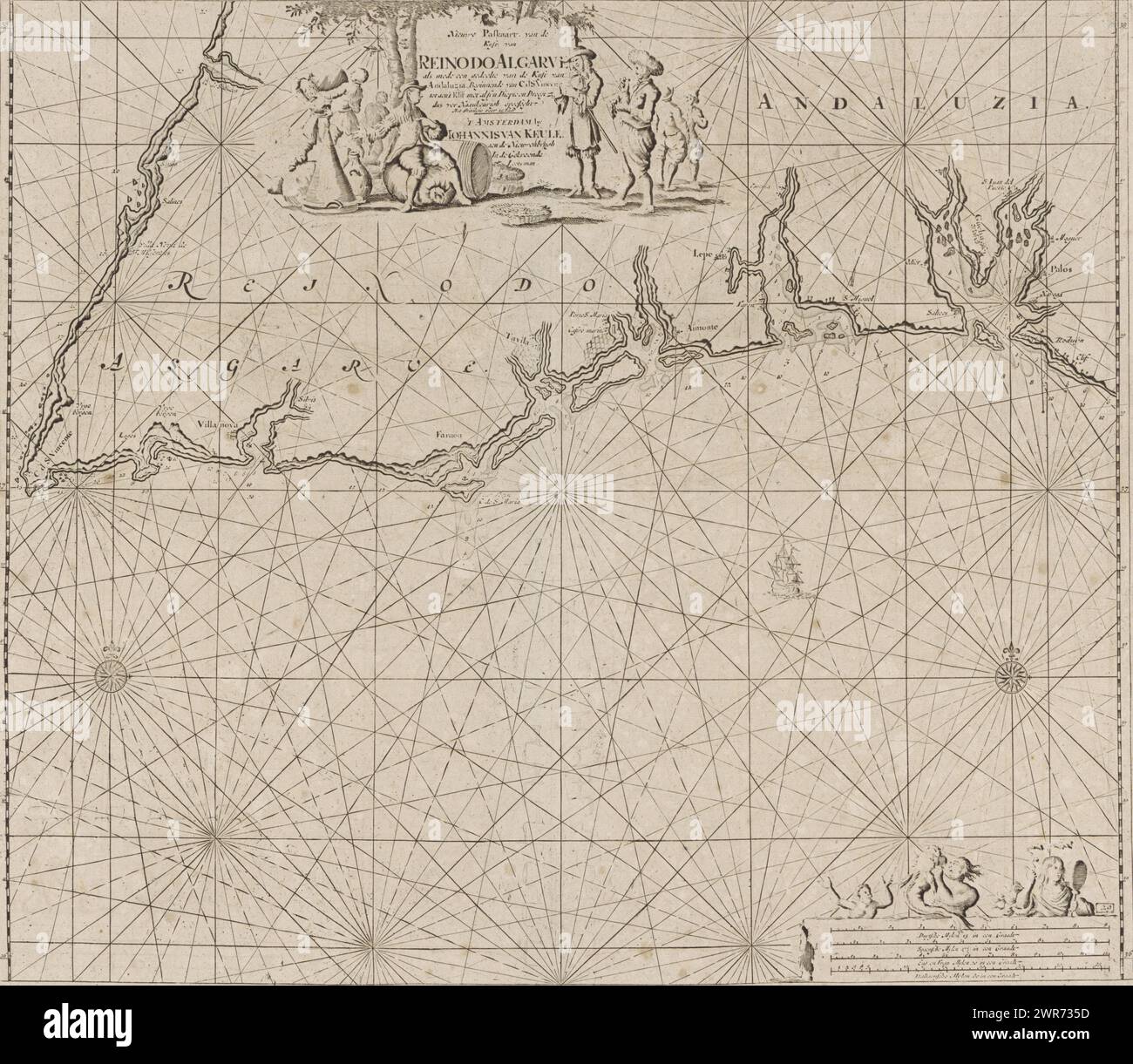 Sea chart of part of the southern coast of Portugal and Spain with the Algarve and Andalusia, New pass map, of the coast of Reino Do Algarve as well as part of the coast of Andalusia. starting from C.d.S. Vincent tot aen 't Klif (title on object), Sea chart of part of the southern coast of Portugal and Spain with the Algarve and Andalusia, with two compass roses, the North is at the top. Top center a cartouche with the title and address of the publisher, surrounded by a sailor and some tradesmen. Bottom right a mermaid and two mermen at the scale, shown in German Stock Photo