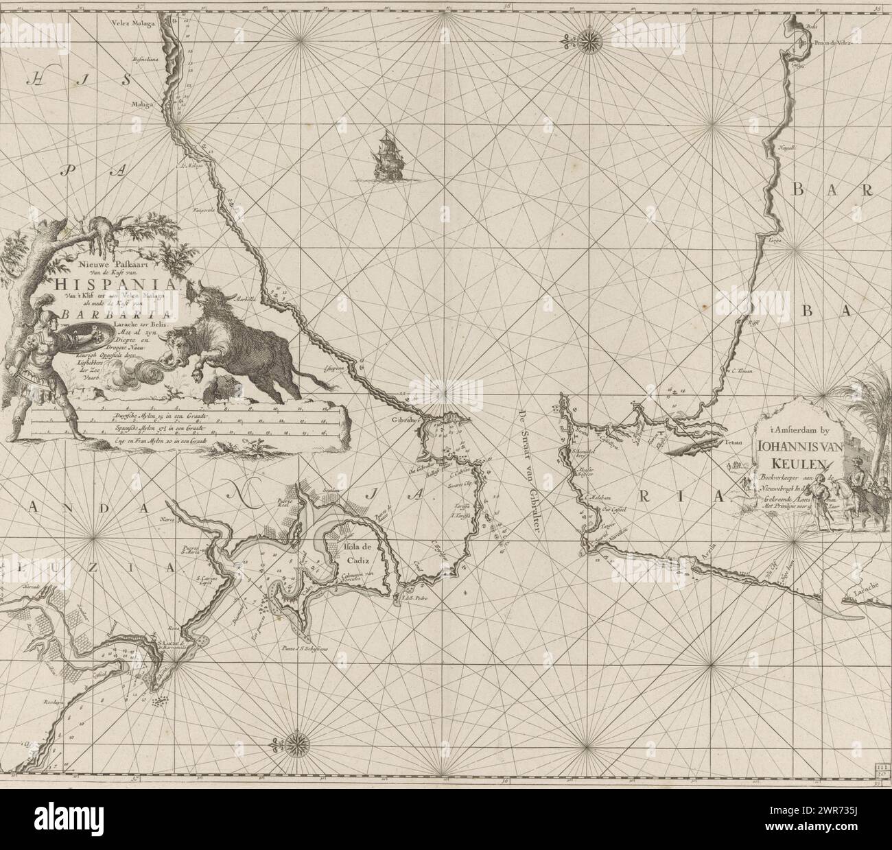 Nautical chart of the Strait of Gibraltar, New Pass Chart of the Coast of Hispania. From 't Klif to Velez Malaga, as well as the Coast of Barbaria. from Larache to Belis. With all its Depth and Drought Naau-keurigh Prepared by Lovers of Sea Navigation (title on object), Pass map of the Strait of Gibraltar, with two compass roses, the North is on the left. On the left a cartouche with the title and the scale in German, Spanish and English or French miles. A bullfight takes place around the title. To the right of the publisher's address is a palm tree and some men with turbans. Stock Photo