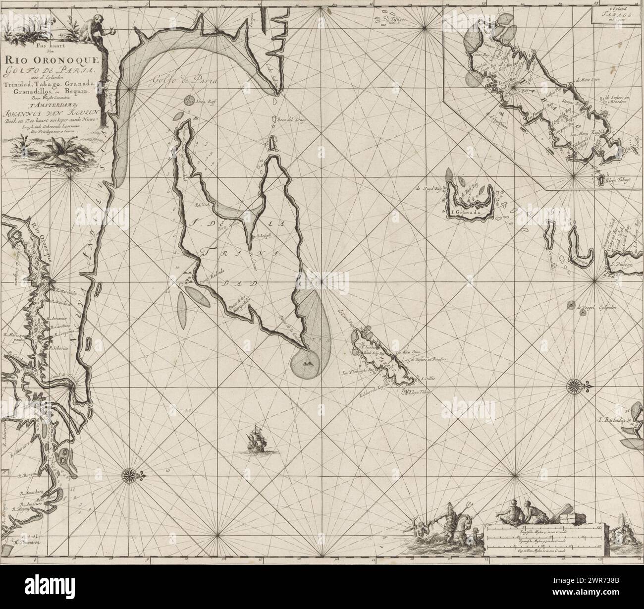 Pass map of the Gulf of Paria with the mouth of the Orinoco river, Pass map of Rio Oronoque Golfo De Paria. with the islands of Trinidad, Tabago, Granada, Granadillos, and Bequia (title on object), Map of the Gulf of Paria with the mouth of the Orinoco River and an inset map of Tobago. With two compass roses, North is on the right. Top left a monkey next to the title and the address of the publisher. Bottom right Neptune with trident and crown on a sea horse accompanied by two mermen. Two men with bales of merchandise near the scale, shown in German Stock Photo