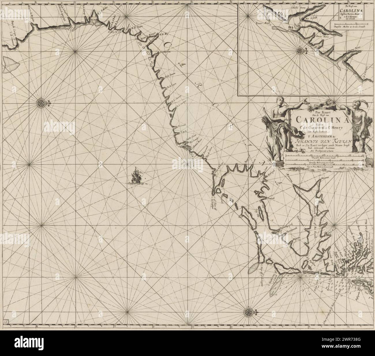 United states map scale hi res - Pass Map Of A Part Of The East Coast Of The United States Pass Map Of The Coast Of Carolina Between C De Canaveral And C Henry Title On Object Pass Map Of A Part Of The East Coast Of The United States From Cape Canaveral To Cape Hateras With An Inset Map Of Georgetown The Map Contains Two Compass Roses North Is On The Right In The Middle Right The Title The Publishers Address And The Scale Shown In German Spanish And English Or French Miles Scale C 11800000 The Details Are Flanked By Two Men With Bows And Arrows Print Maker Jan Luyken Claes Jansz Voogt 2WR738G 