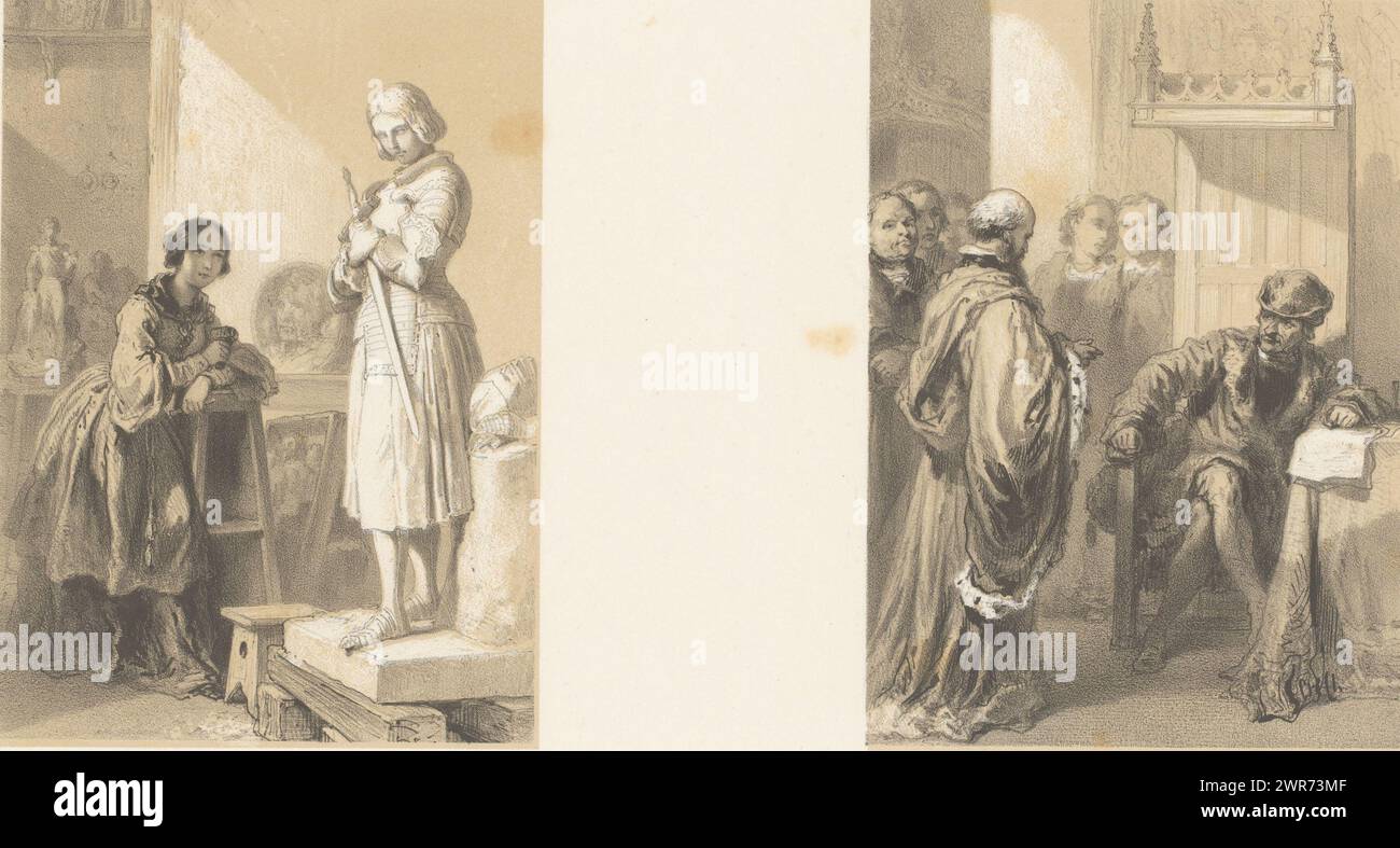 Depiction of a woman looking at a statue of a nobleman and a man in a long cloak with a man in a distinguished chair, print maker: Adolphe Mouilleron, 1830 - 1881, paper, height 316 mm × width 447 mm, print Stock Photo