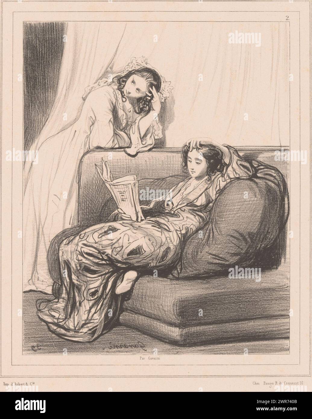 Woman reads her friend from her own story, Ce qui nous nuit surtout (...) (title on object), Literary sentences (series title), Des Phrases (series title on object), print maker: Paul Gavarni, printer: Aubert & Cie., publisher: Bauger, Paris, 1839, paper, height 352 mm × width 260 mm, print Stock Photo
