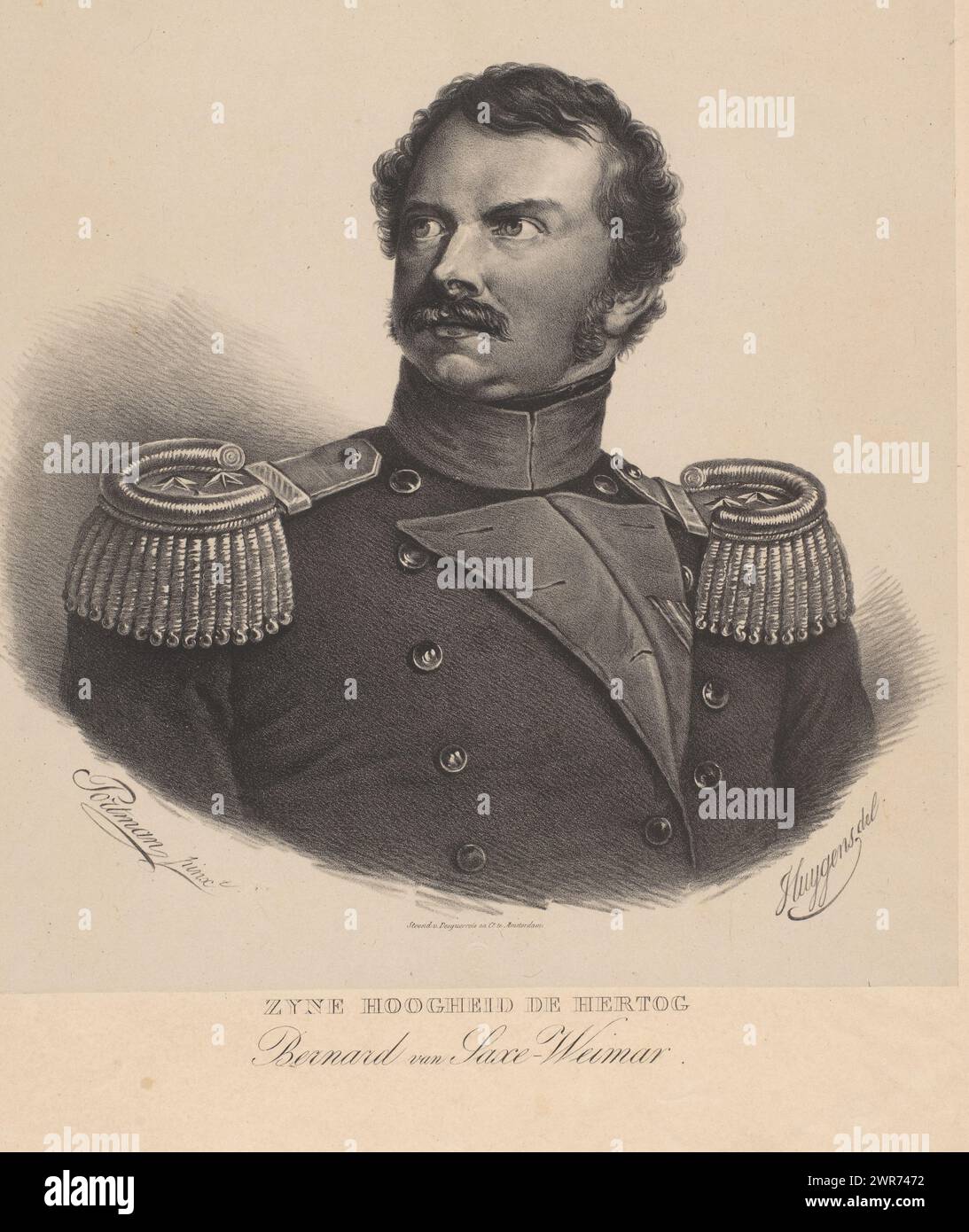 Portrait of Charles Bernard Duke of Saxe-Weimar-Eisenach, The sitter is wearing a military uniform. His name below the portrait., print maker: Frederik Lodewijk Huygens, after painting by: Portman, printer: Desguerrois & Co., Amsterdam, 1831, paper, height 445 mm × width 345 mm, print Stock Photo