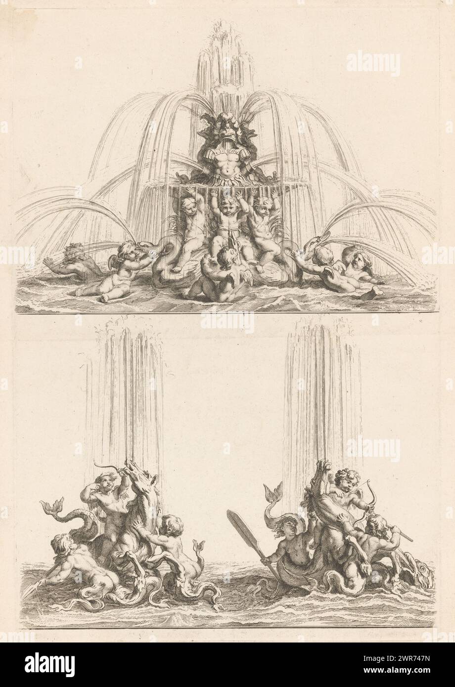 Three fountains with putti, Recueil De Divers Desseins de Fontaines Et De Frises Maritimes (series title), Three fountains. Above, putti sitting on swans wear a shell with armor. Bottom left and right fountains with putti with bow and arrow sitting on hippocampi surrounded by putti with fish tails., print maker: Louis de Châtillon, after design by: Charles Le Brun, Gerard Edelinck, Paris, 1672 - 1686, paper, etching, height 433 mm × width 288 mm, print Stock Photo