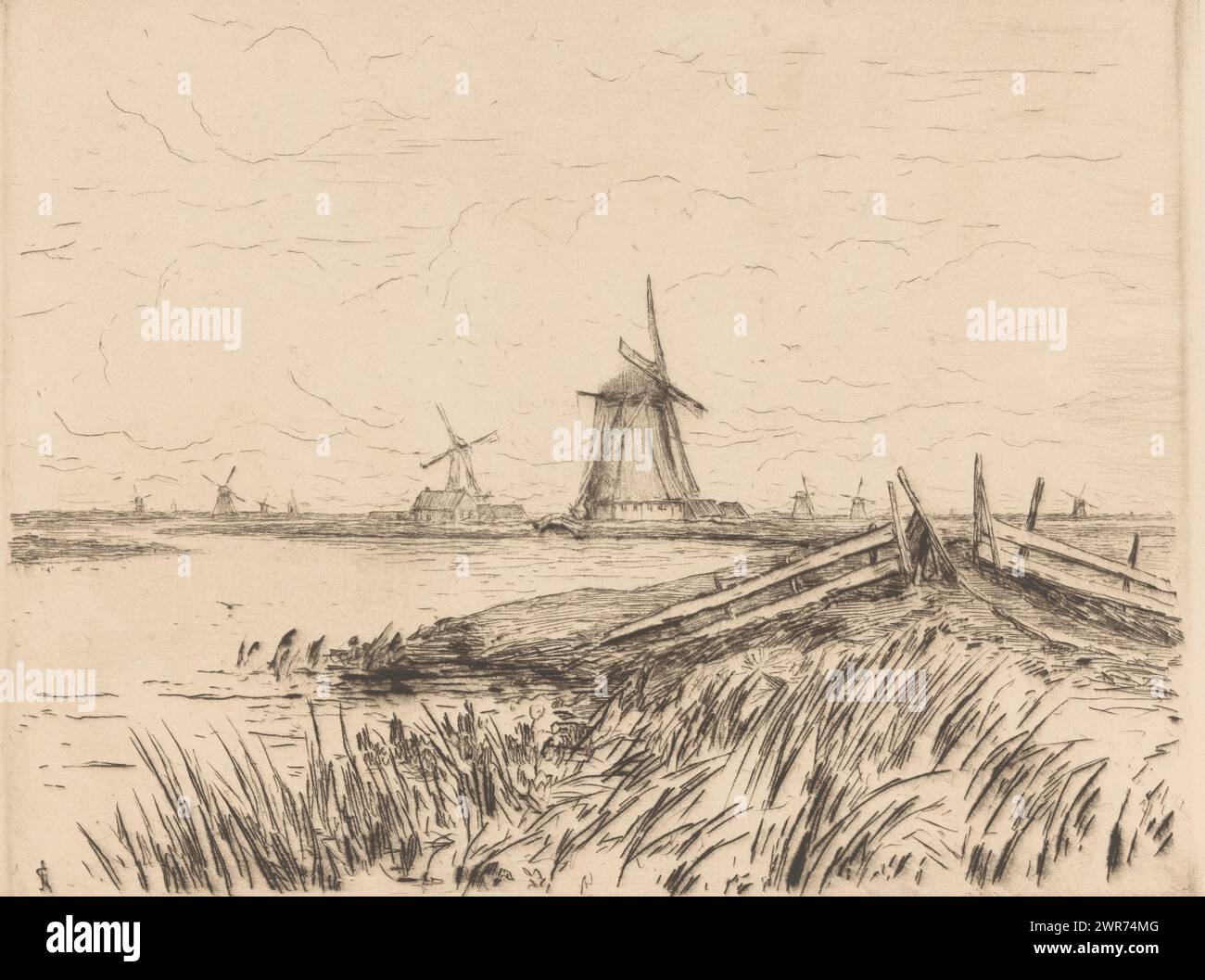 Mills on the Rotte, river view with windmills on the bank. A fence in ...