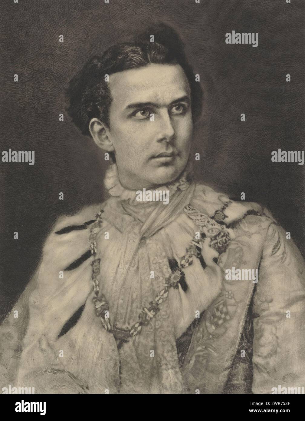 Portrait of Louis II, King of Bavaria, print maker: Rogelio de Egusquiza, (signed by artist), 1855 - 1902, parchment (animal material), etching, height 498 mm × width 389 mm, print Stock Photo