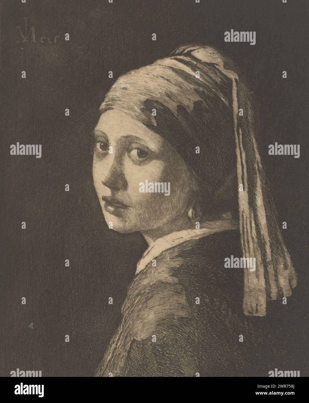 Girl with a Pearl Earring (original title), print maker: Philip Zilcken, (signed by artist), after painting by: Johannes Vermeer, 1867 - 1890, paper, etching, drypoint, height 210 mm × width 171 mm, print Stock Photo
