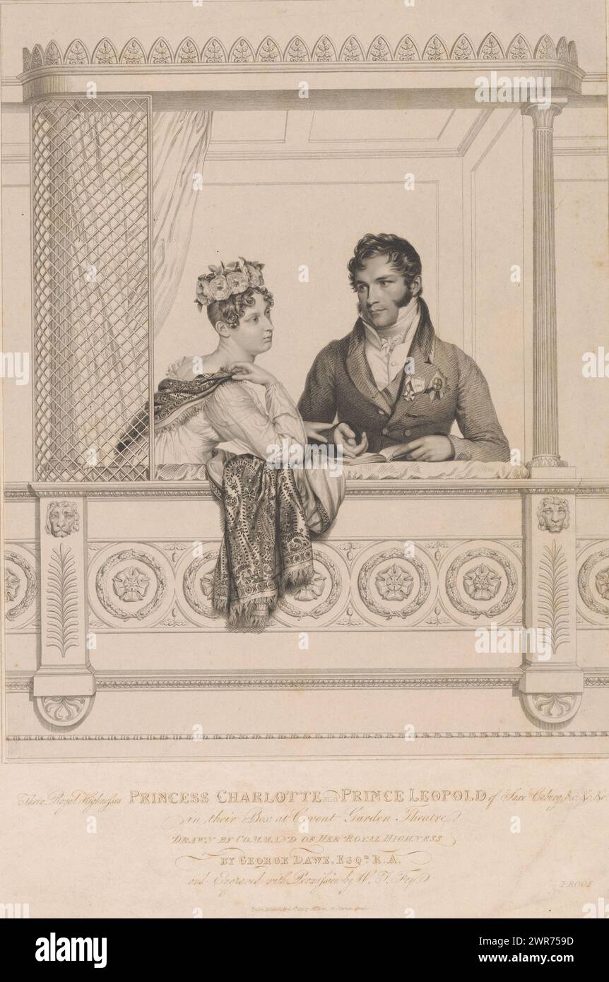 Portrait of Charlotte Augusta, Princess of Wales, with Leopold I, King of the Belgians, in a box of Covent Garden Theatre, Text in English in the bottom margin., print maker: William Thomas Fry, after drawing by: George Dawe, publisher: George Dawe, England, 1818, paper, etching, height 585 mm × width 416 mm, print Stock Photo