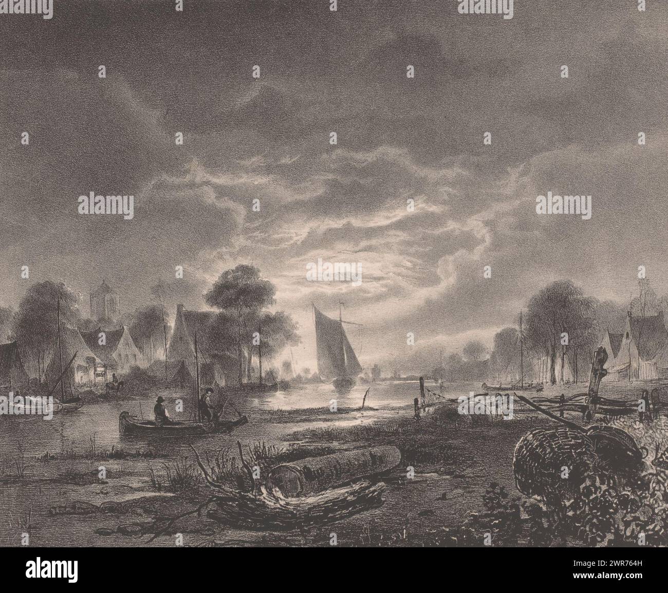 River landscape in moonlight, A moonshine (title on object), Three sailing boats on the water, one with hoisted sails. The moon shines through the clouds. Numbered top left: Pantheon Pl. IX., print maker: Carel Christiaan Antony Last, after design by: Carel Christiaan Antony Last, after design by: Jacobus Theodorus Abels, print maker: Dordrecht, printer: Dordrecht, publisher: The Hague, 1837 - 1840, paper, height 430 mm × width 320 mm, print Stock Photo