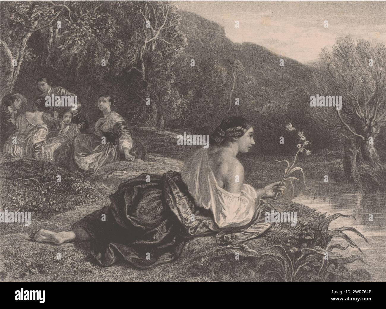 Young women and men in a landscape, print maker: Victor Jean Baptiste Loutrel, after painting by: Camille Joseph Etienne Roqueplan, printer: Victor Jacques Bertauts, Paris, 1839 - 1871, paper, height 313 mm × width 449 mm, print Stock Photo