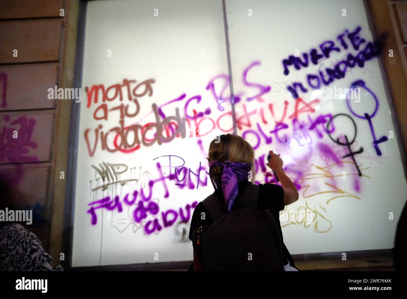 Bogota, Colombia. 08th Mar, 2024. Demonstrators paint walls during the international women's day demonstrations in, Bogota, Colombia on March 8, 2024. Photo by: Wendy P. Romero/Long Visual Press Credit: Long Visual Press/Alamy Live News Stock Photo