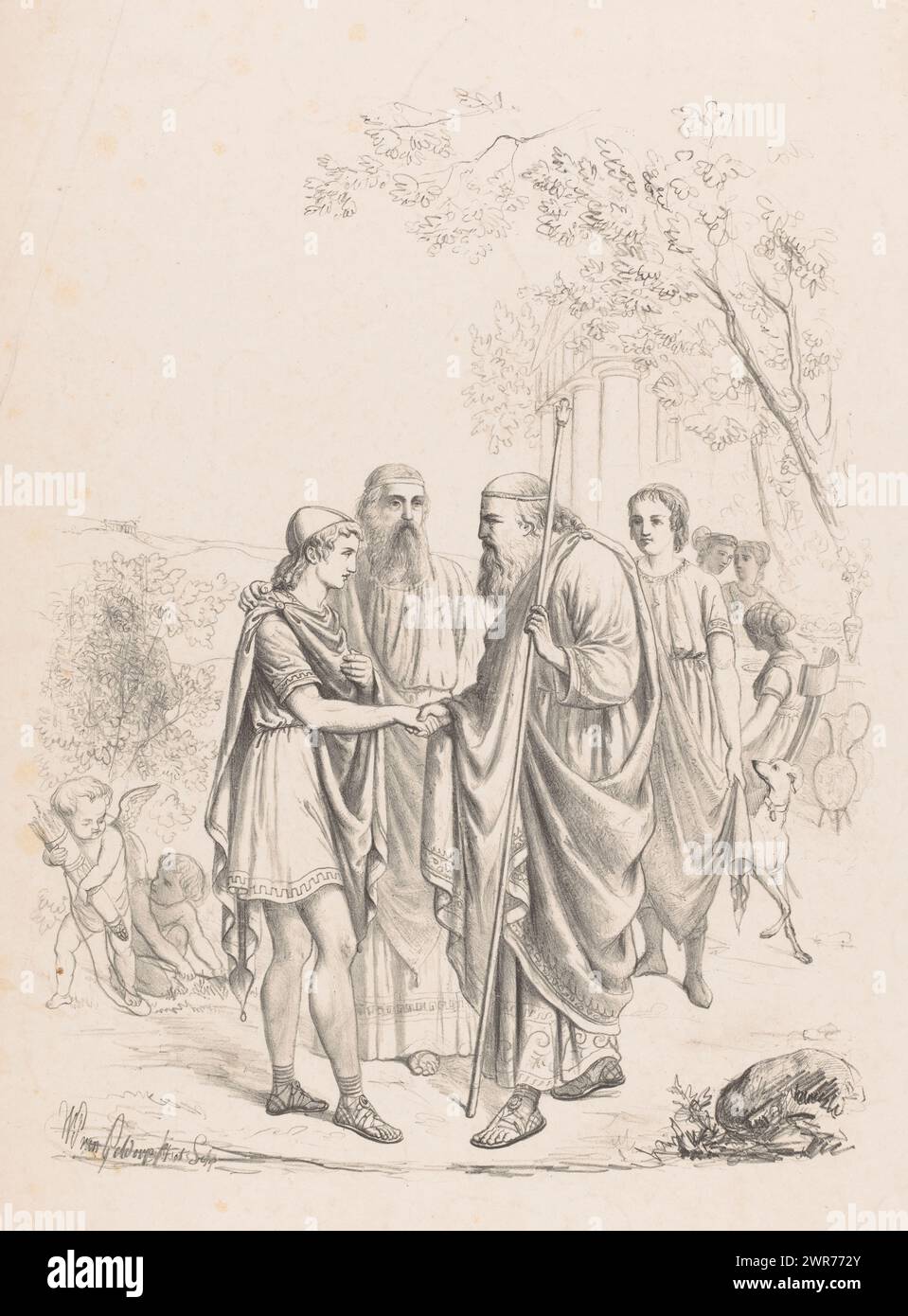 Telemachus visits Nestor on the island of Pylon, Telemachus searches for his father Ulysses, was led by Pallas to Prince Nestor on the island of Pylos to obtain information, Art album by W. P. van Geldorp (series title), Telemachus has left home to visit his father to find Odysseus. Athena, disguised as an old man named Mentor, accompanies him. She gives him the courage to speak to King Nestor., print maker: Wilhelmus Petrus van Geldorp, Rotterdam, 1870, paper, height 495 mm × width 345 mm, print Stock Photo