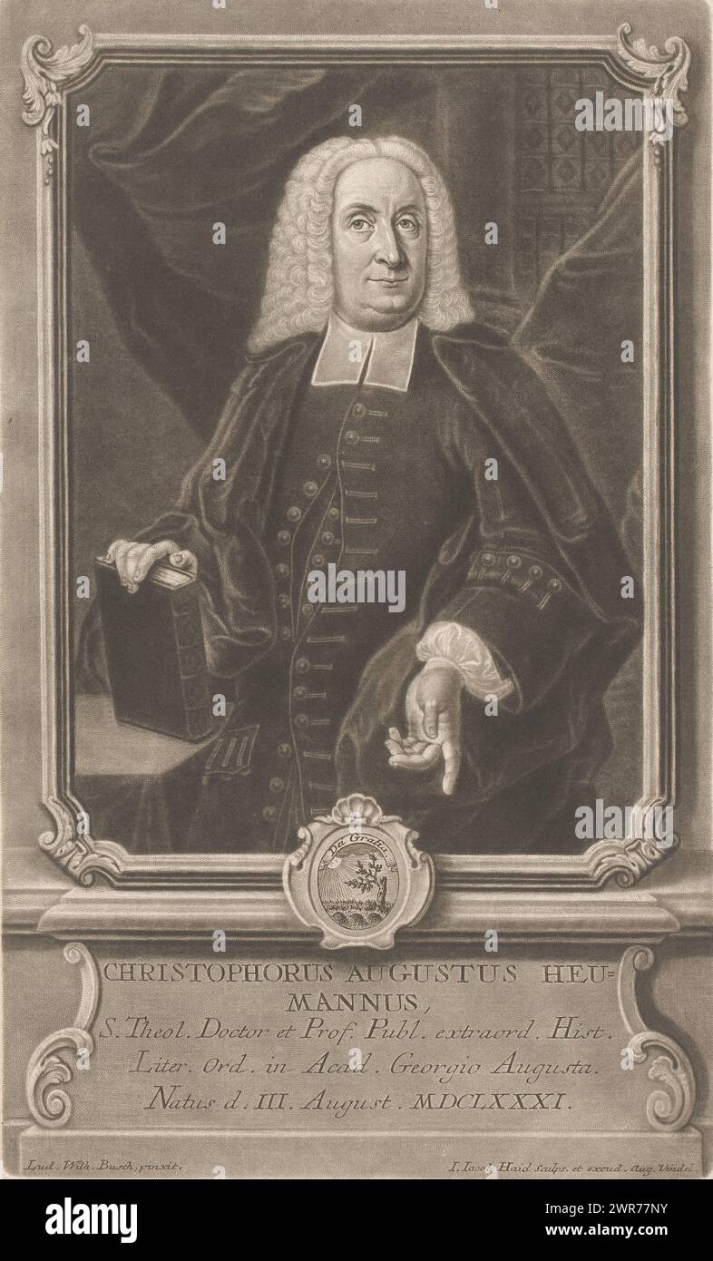 Portrait of Christoph August Heumann, print maker: Johann Jacob Haid, after painting by: Ludwig Wilhelm Busch, publisher: Johann Jacob Haid, Augsburg, 1741, paper, etching, height 308 mm × width 186 mm, print Stock Photo