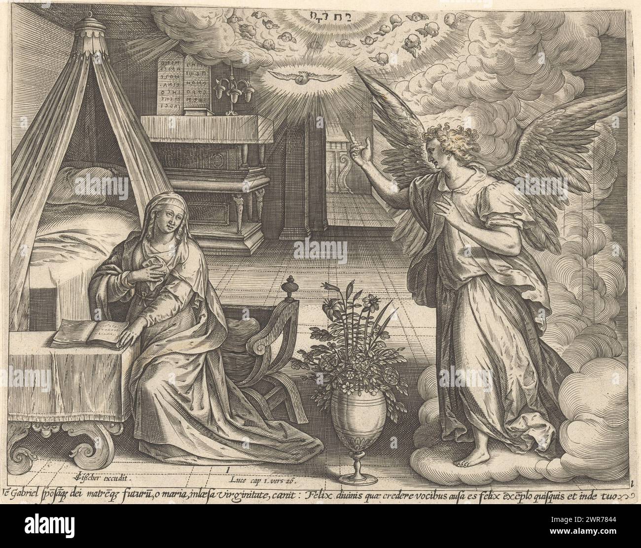 Annunciation, Youth of Christ (series title), Theatrum biblicum (...) (series title), The angel Gabriel announces to Mary that she will become pregnant. Maria is sitting at a table on which an open book lies. A bed on the left. The Holy Spirit descends like a dove. Above it the tetragrammaton as a symbol of God the Father, surrounded by cherubim. Below the scene is a reference in Latin to the Bible text in Luke. 1:26., print maker: anonymous, after design by: Maerten de Vos, publisher: Claes Jansz. Visscher (II), Amsterdam, 1579 and/or 1639, paper, engraving Stock Photo