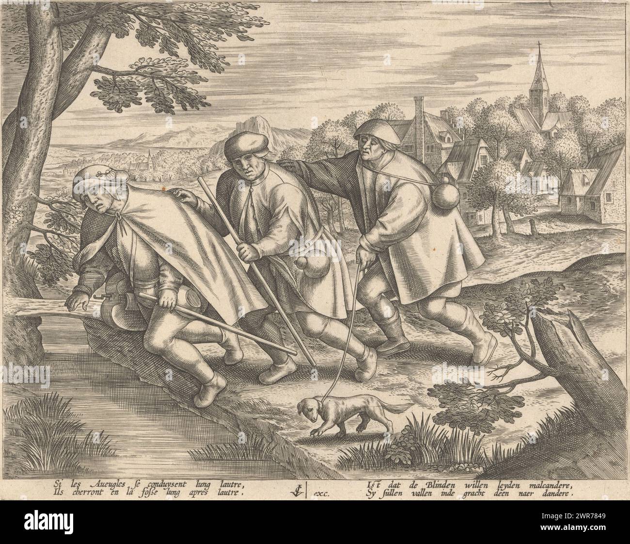 The blind lead the blind, Three blind men walk behind each other and allow themselves to be led by the one in front of them. The front one falls into a ditch. The third man holds a dog on a leash. Below the performance is a two-line verse in French and Dutch., print maker: anonymous, after design by: Pieter Bruegel (I), (possibly), publisher: Claes Jansz. Visscher (II), Amsterdam, 1601 - 1652, paper, engraving, height 182 mm × width 229 mm, print Stock Photo