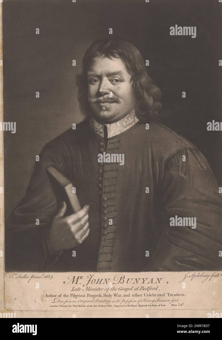 Portrait of John Bunyan, Mr. John Bunyan (title on object), print maker: Jonathan Spilsbury, after painting by: Thomas Sadler, publisher: Thomas Kitchin, London, 1755 - 1784, paper, height 352 mm × width 250 mm, print Stock Photo