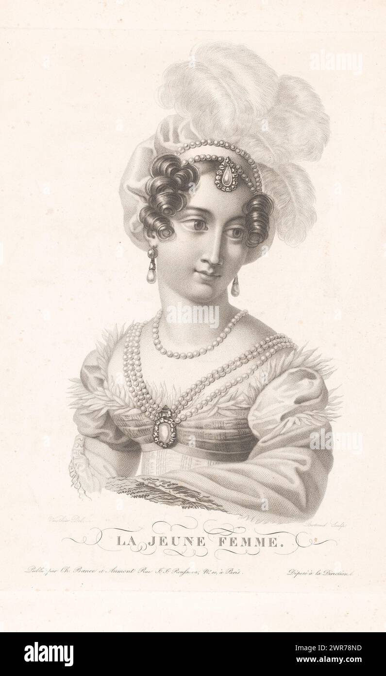 Portrait of a young woman, La jeune femme. (title on object), print maker: Noël François Bertrand, after drawing by: Jules-Antoine Vauthier, publisher: Bance et Aumont, print maker: France, after drawing by: France, publisher: Paris, 1823, paper, height 334 mm × width 253 mm, print Stock Photo