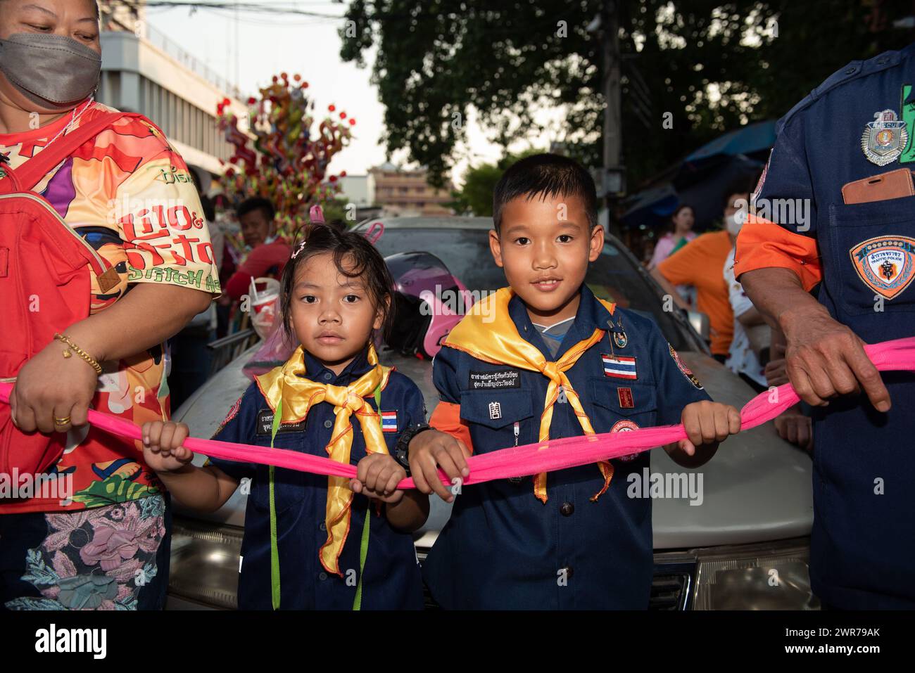 Bangkok, Thailand. 10th Mar, 2024. Believers welcome the Chao Mae Lim Ko Niao procession from Hat Yai District, Songkhla Province, to be temporarily enshrined at Poh Teck Tung Foundation in Bangkok on March 10, 2024. (Photo by Teera Noisakran/Pacific Press/Sipa USA) Credit: Sipa USA/Alamy Live News Stock Photo