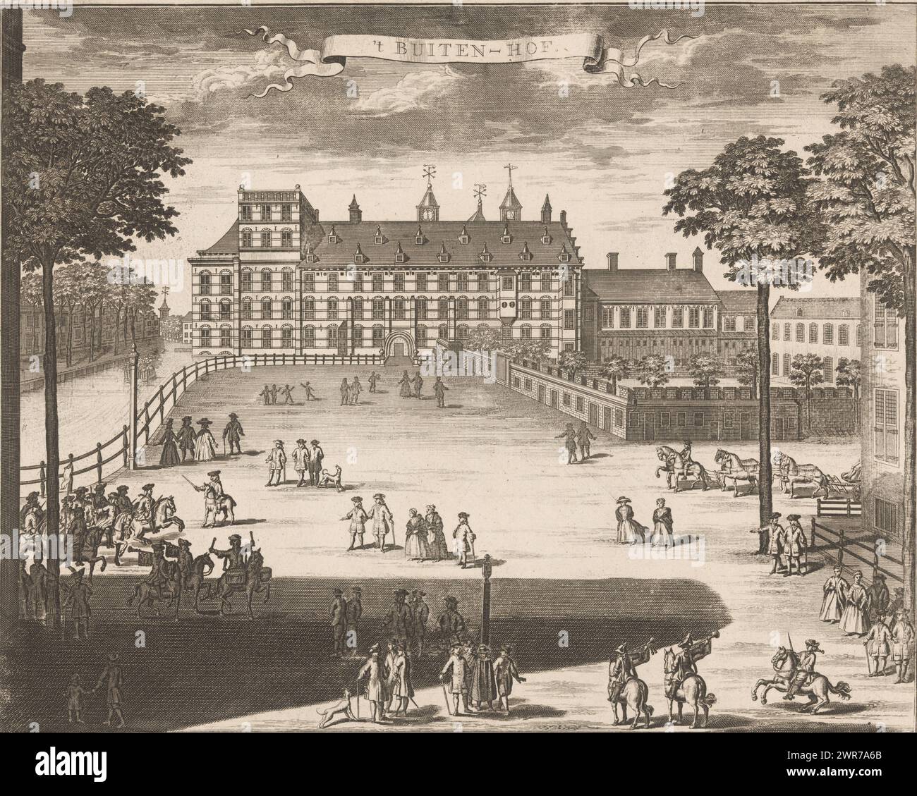View of the Buitenhof in The Hague, 't Buiten-Hof (title on object), print maker: anonymous, after drawing by: Gerrit van Giessen, publisher: Reinier Boitet, publisher: Delft, publisher: Amsterdam, 1730 - 1736, paper, etching, engraving, height 280 mm × width 351 mm, print Stock Photo