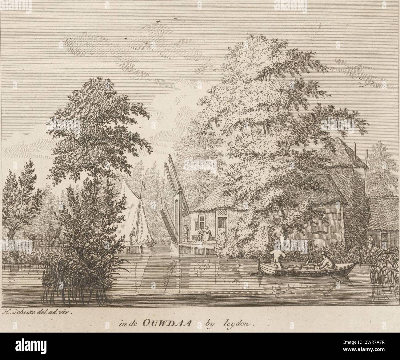 View of the Oude Ade near Leiden, In the Ouwdaa near Leyden (title on object), View of a farm on the Oude Ade near Leiden. A sailboat passes a drawbridge on the left. A rowing boat on the right. Numbered top right: 2., print maker: Hermanus Petrus Schouten, (possibly), after drawing by: Hermanus Petrus Schouten, Netherlands, c. 1762 - c. 1800, paper, etching, height 164 mm × width 202 mm, print Stock Photo