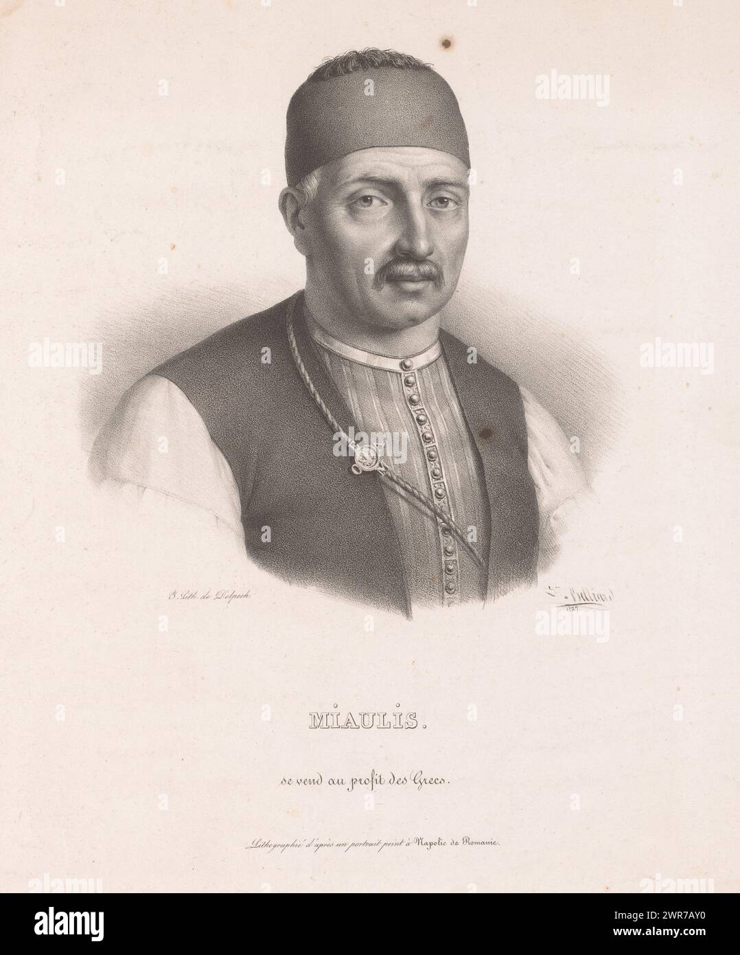 Portrait of Andreas Miaoulis, Miaulis (title on object), print maker: Zéphirin Félix Jean Marius Belliard, (rejected attribution), after painting by: anonymous, printer: veuve Delpech (Naudet), Paris, 1827, paper, height 440 mm × width 313 mm, print Stock Photo