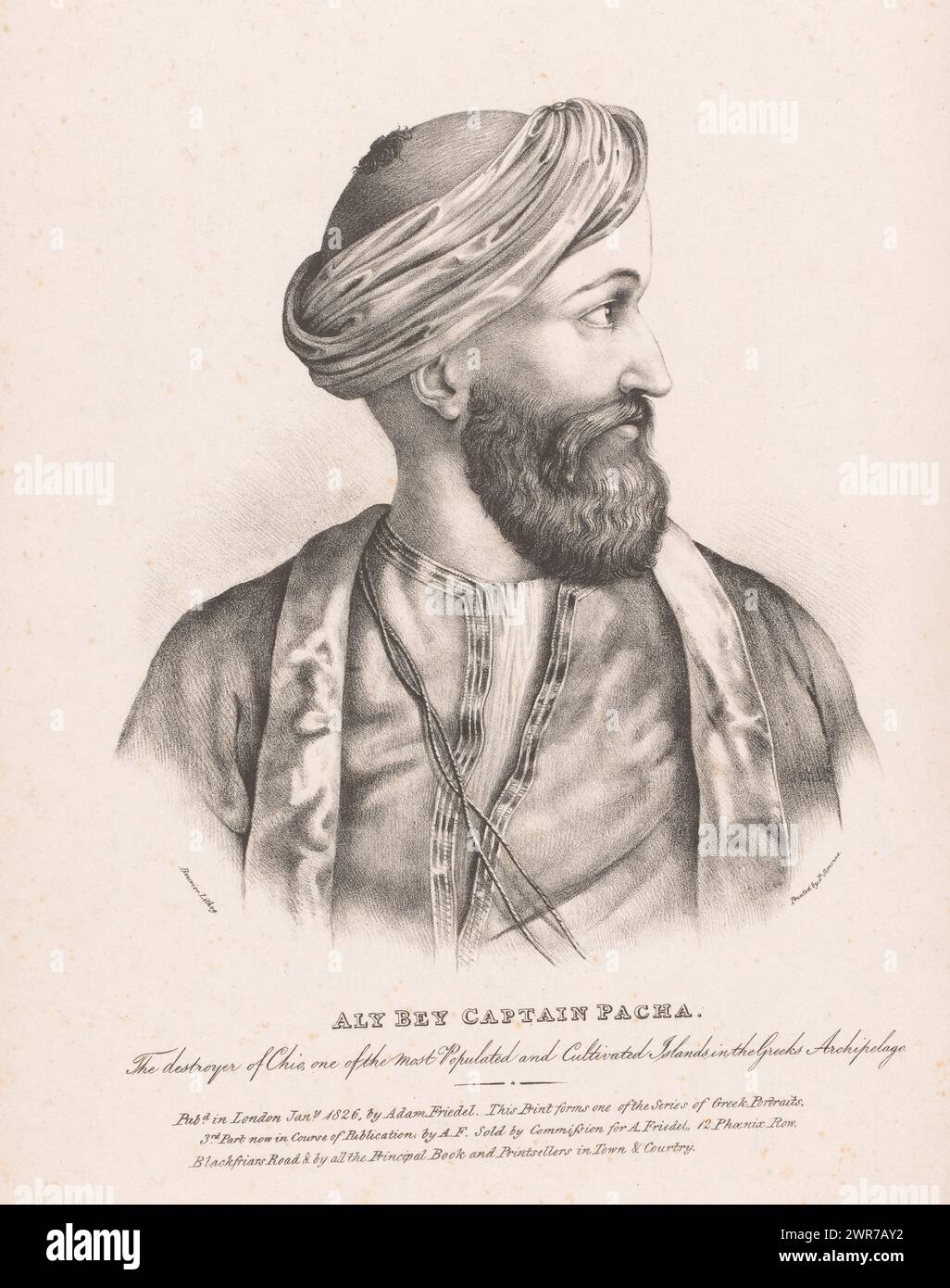 Portrait of Nasuhzade Ali, Aly Bey Captain Pacha. The destroyer of Chio, one of the most populated and cultivated Islands in the Greeks Archipelago (title on object), Portraits of figures involved in the Greek War of Independence (series title), print maker: Bouvier, printer: Pierre Simonau, publisher: Adam Friedel, London, 1826, paper, height 364 mm × width 253 mm, print Stock Photo