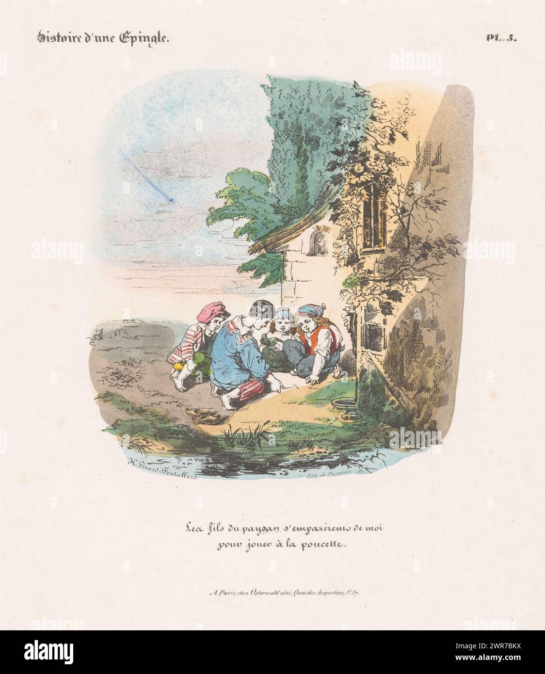 Four farm boys playing with pins, Fashion accessories with a story (series title), Histoire d'une épingle (series title on object), print maker: Henri-Gérard Fontallard, printer: Pierre François Ducarme, publisher: Jean Fréderic Ostervald, Paris, 1828, paper, height 377 mm × width 284 mm, print Stock Photo