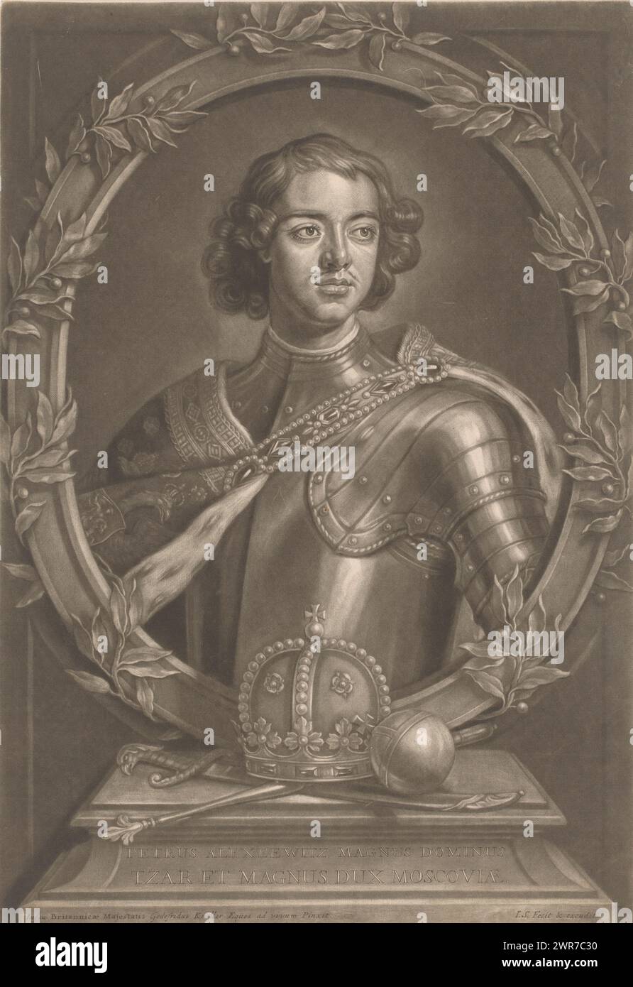 Portrait of Peter I the Great, Tsar of Russia, print maker: John Smith (prentmaker/ uitgever), after painting by: Gottfried Kneller, publisher: John Smith (prentmaker/ uitgever), 1662 - 1742, paper, engraving, height 405 mm × width 279 mm, print Stock Photo