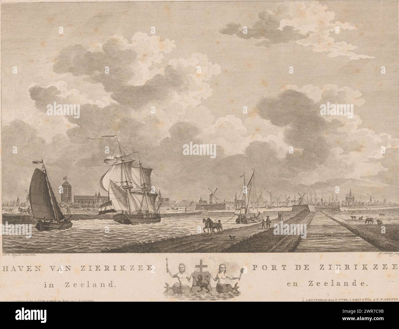 View of the port of Zierikzee, Port of Zierikzee, in Zeeland / Port de Zierikzee, and Zeelande (title on object), Views of Dutch ports (series title), View of the port of Zierikzee with different boats. On the left in the background is the Sint-Lievensmonsterkerk. In the margin the title in Dutch and French with the city's coat of arms in the middle. Numbered top right: 20., print maker: Mathias de Sallieth, after drawing by: Dirk de Jong, publisher: Pieter Yver, after drawing by: Zierikzee, publisher: Amsterdam, publisher: Amsterdam, publisher : Amsterdam, 1779 - 1787, paper Stock Photo