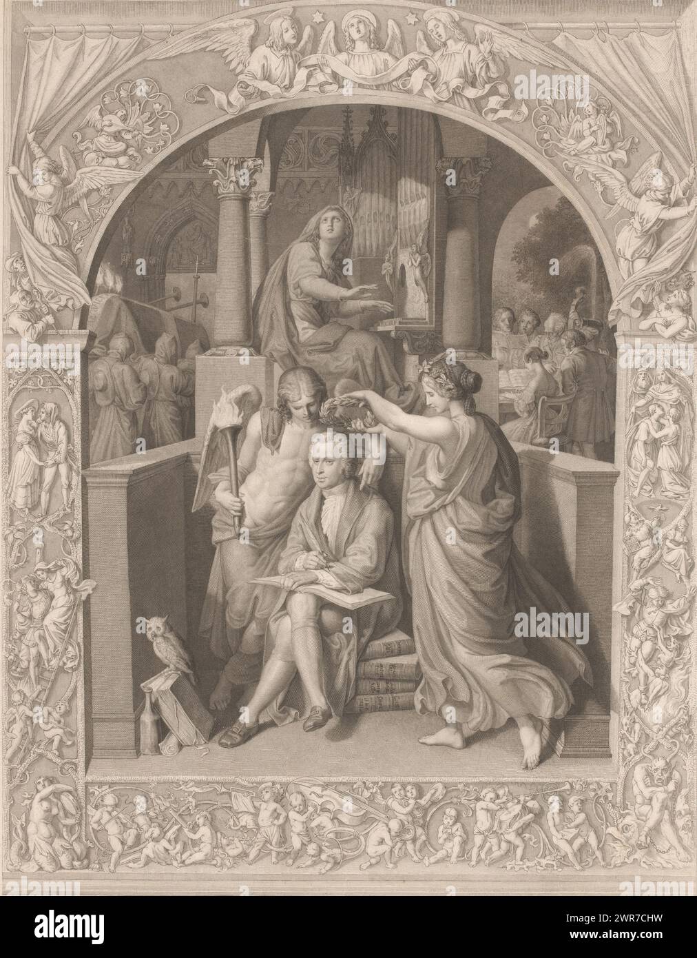 Apotheosis of Wolfgang Amadeus Mozart, W.A. Mozart's Verherrlichung (title on object), print maker: Edouard Schuler, after painting by: Joseph von Führich, printer: Kunstverlag Karlsruhe, printer: Karlsruhe, publisher: Mannheim, 1816 - 1882, paper, steel engraving, height 504 mm × width 380 mm, print Stock Photo